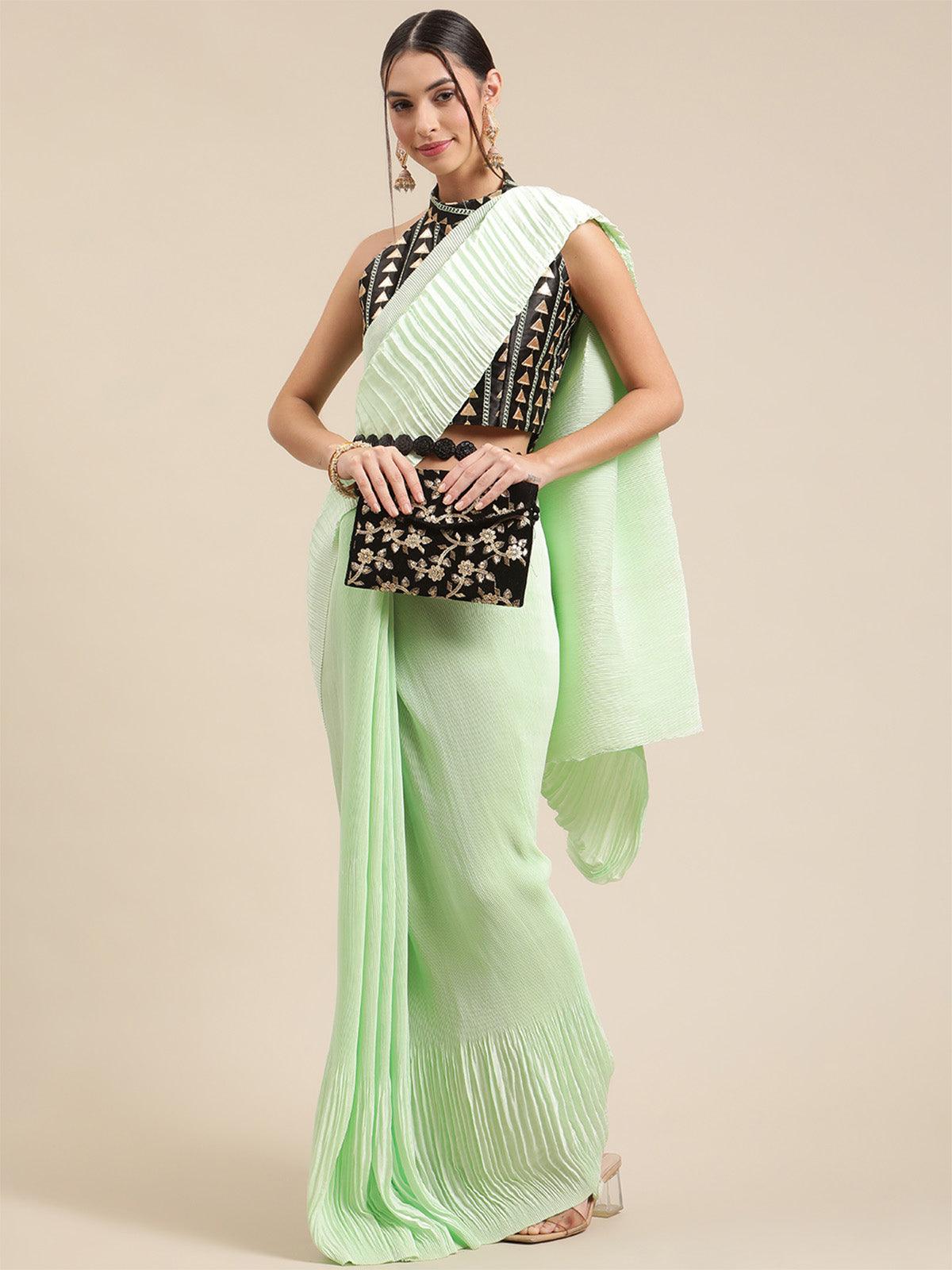 Women's Pure Crepe Green Solid Belted Saree With Blouse Piece - Odette