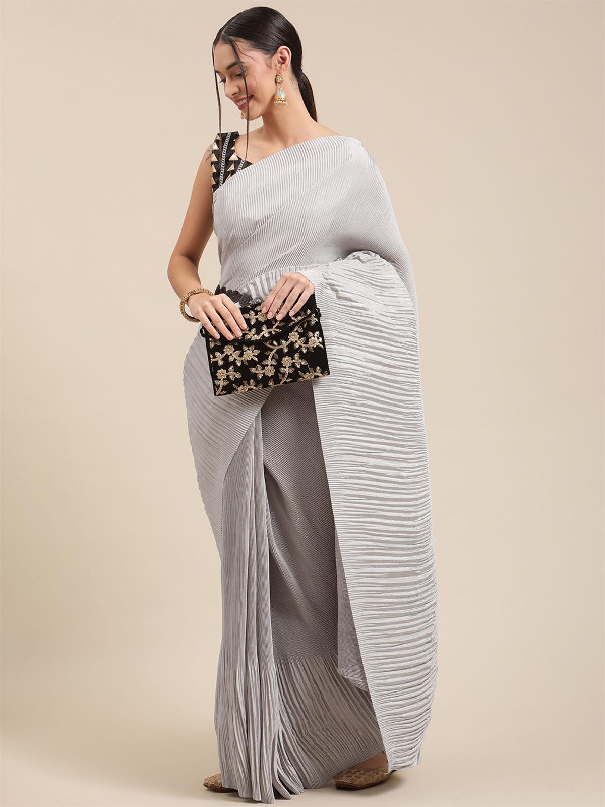 Women's Pure Crepe Grey Solid Belted Saree With Blouse Piece - Odette