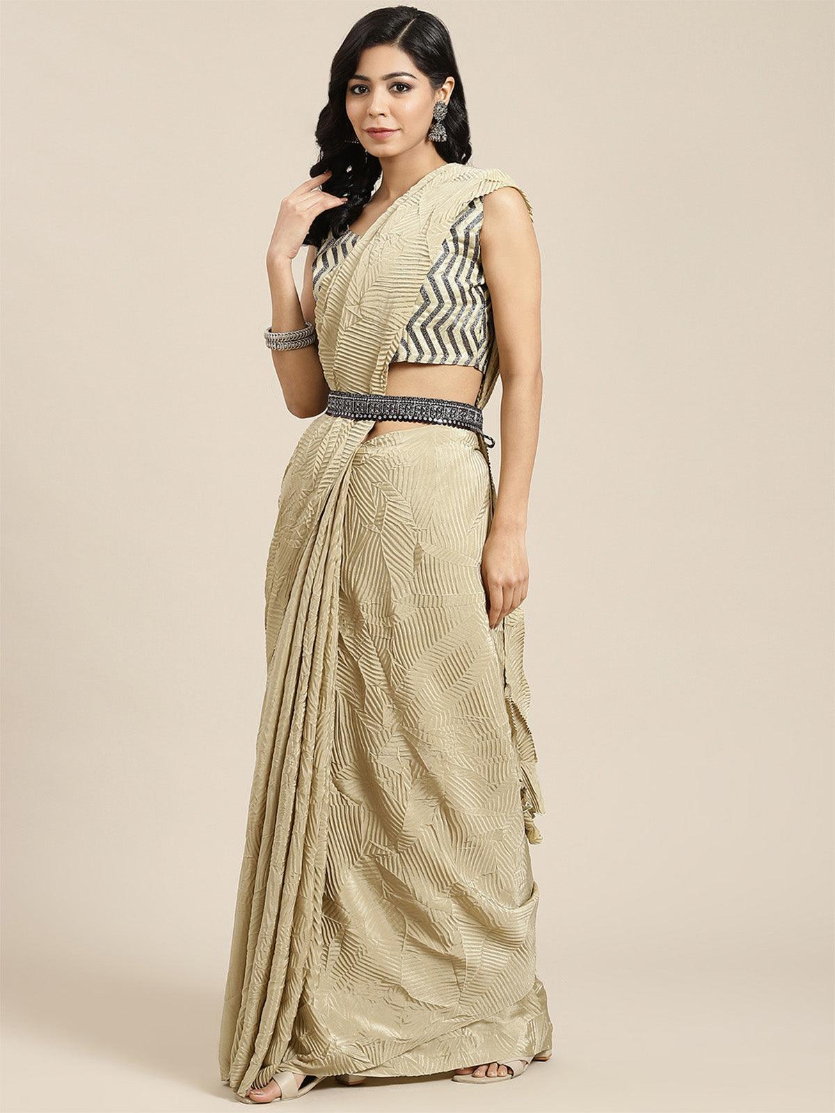 Women's Pure Crepe Off White Solid Belted Saree With Blouse Piece - Odette