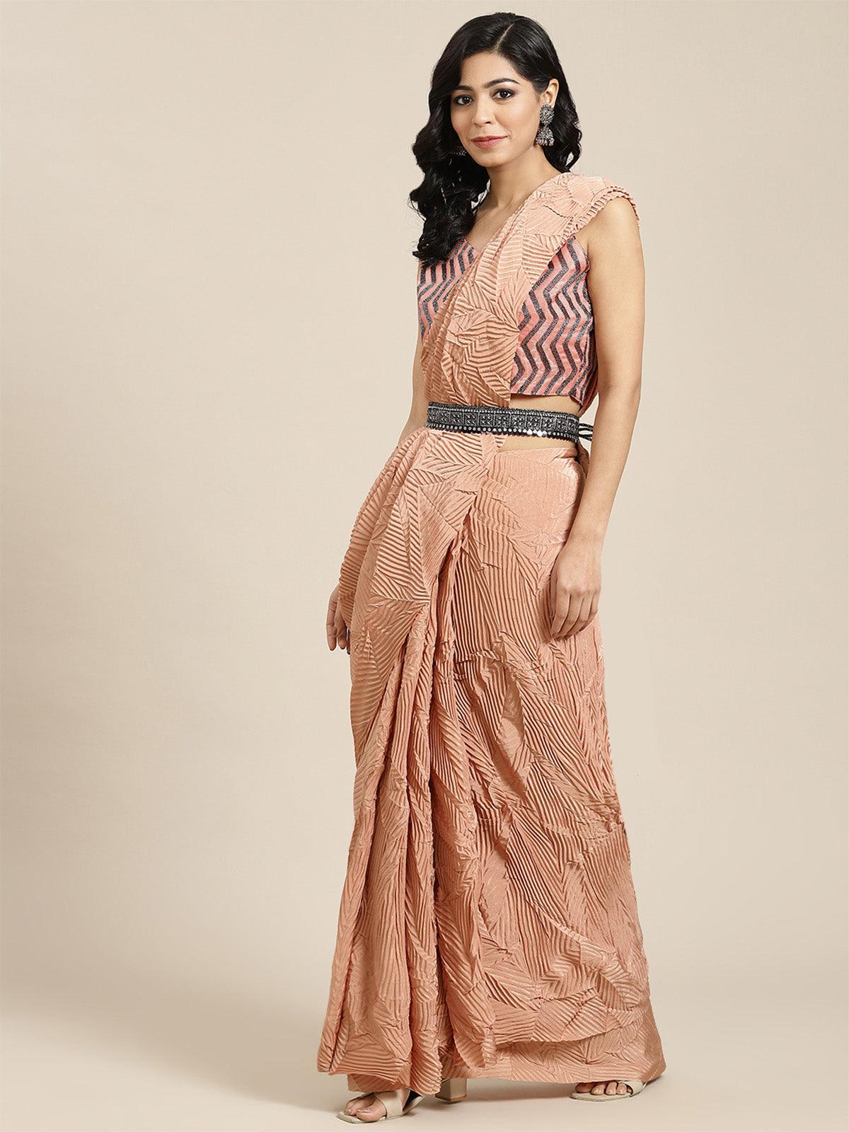 Women's Pure Crepe Peach Solid Belted Saree With Blouse Piece - Odette