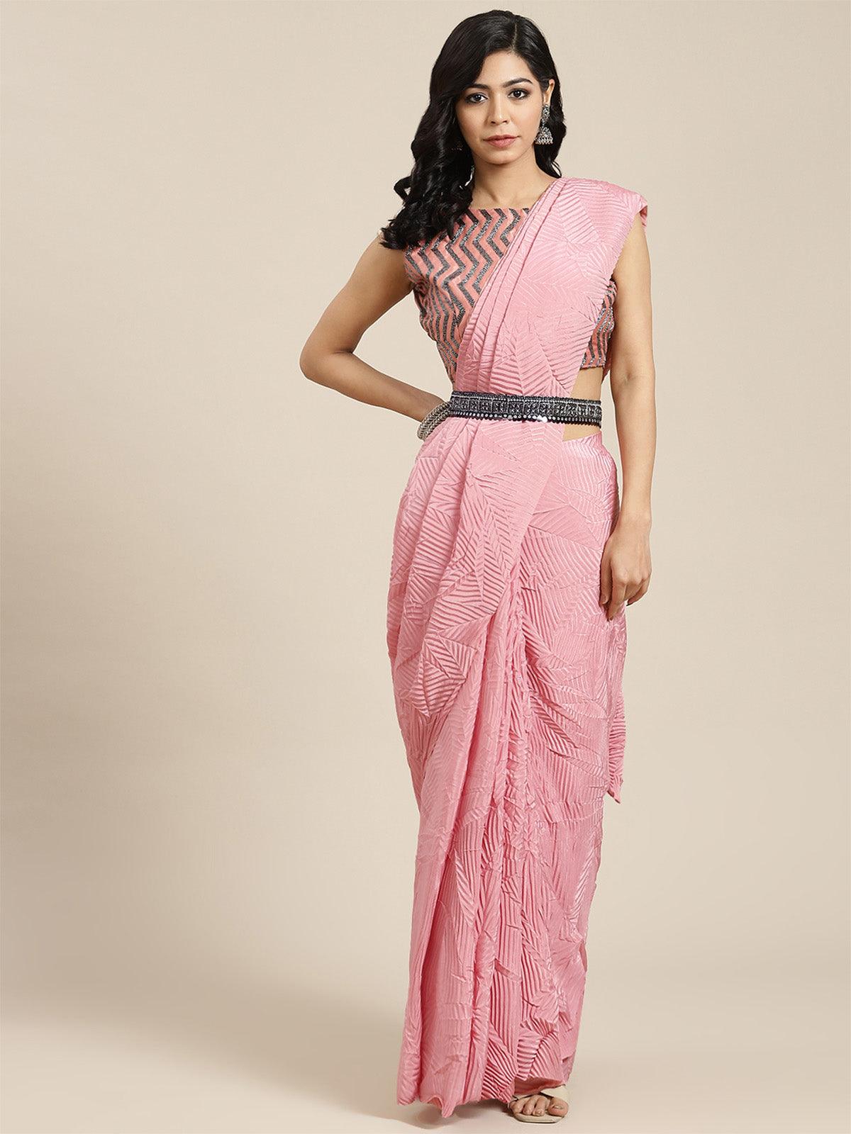 Women's Pure Crepe Pink Solid Belted Saree With Blouse Piece - Odette