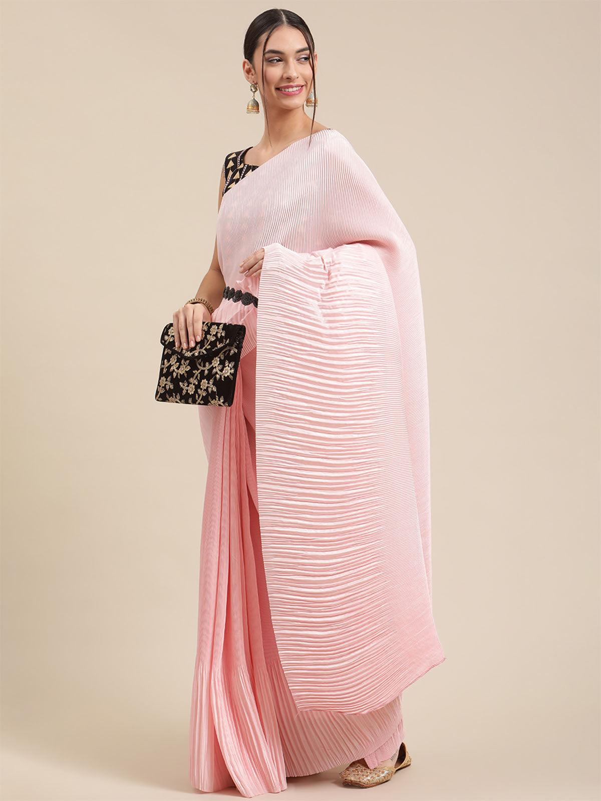 Women's Pure Crepe Pink Solid Belted Saree With Blouse Piece - Odette