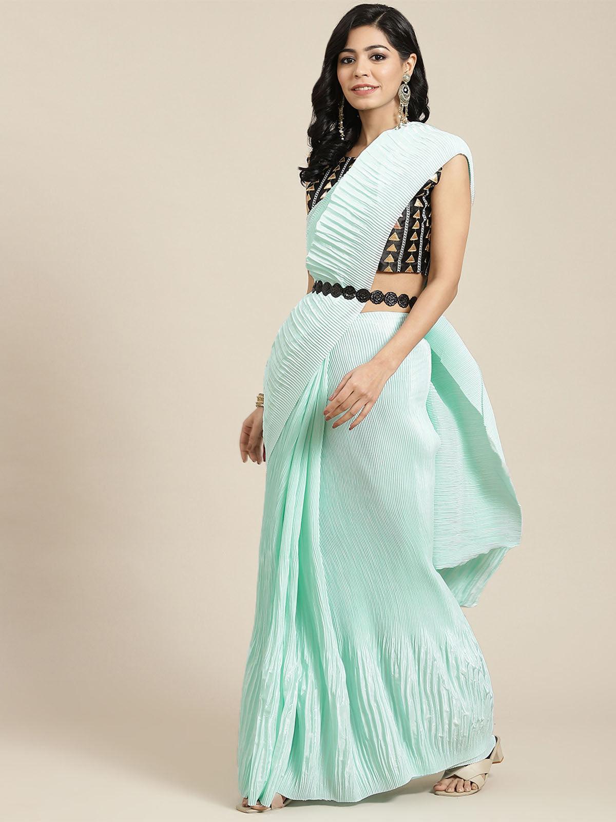 Women's Pure Crepe Sea Green Solid Belted Saree With Blouse Piece - Odette