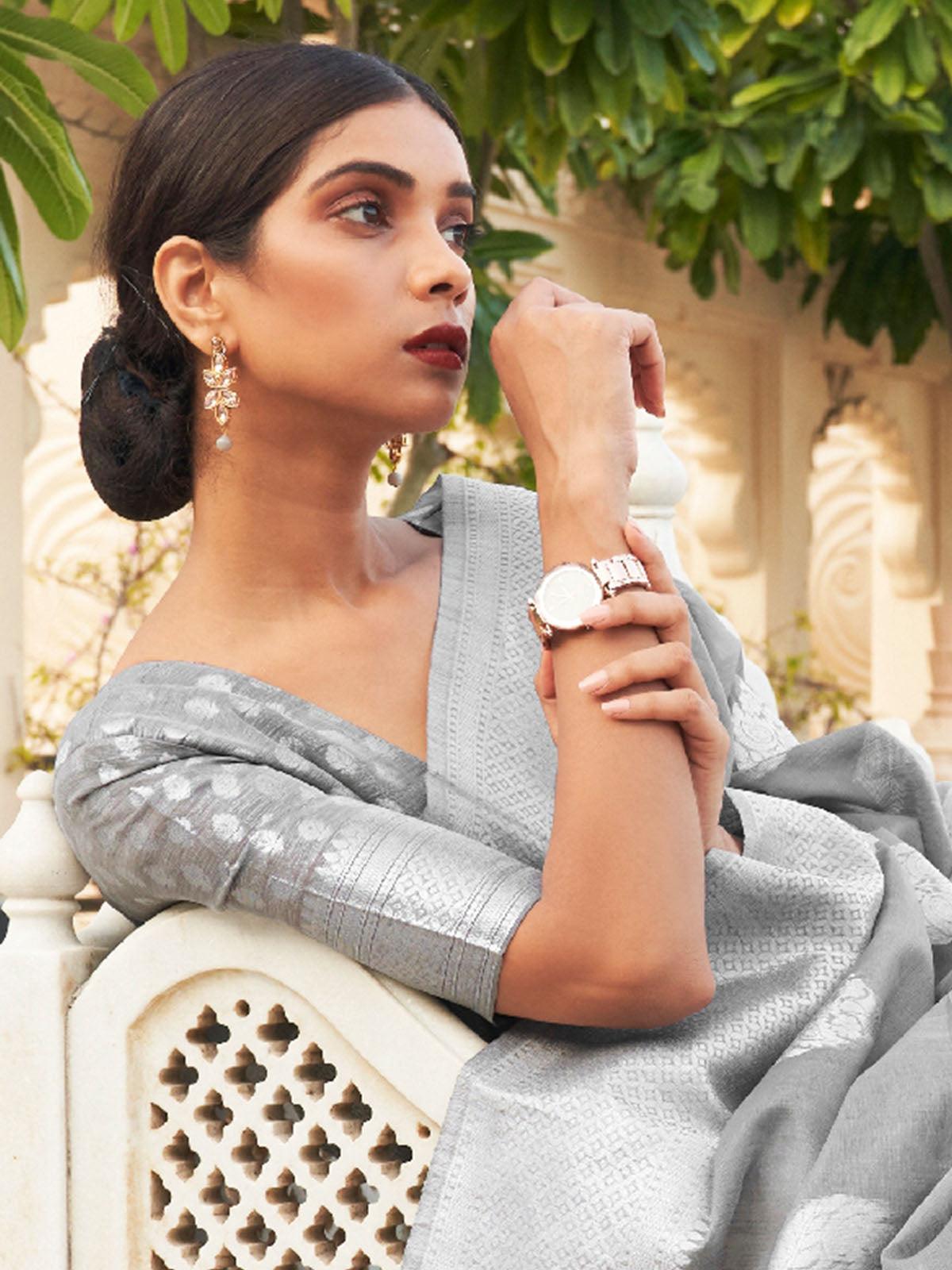 Women's Pure Linen Grey Woven Design Woven Saree With Blouse Piece - Odette