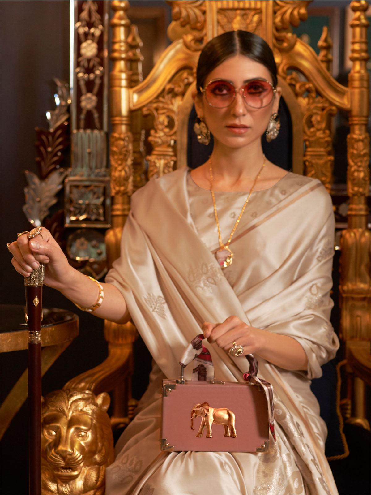 Women's Pure Silk Cream Woven Design Woven Saree With Blouse Piece - Odette