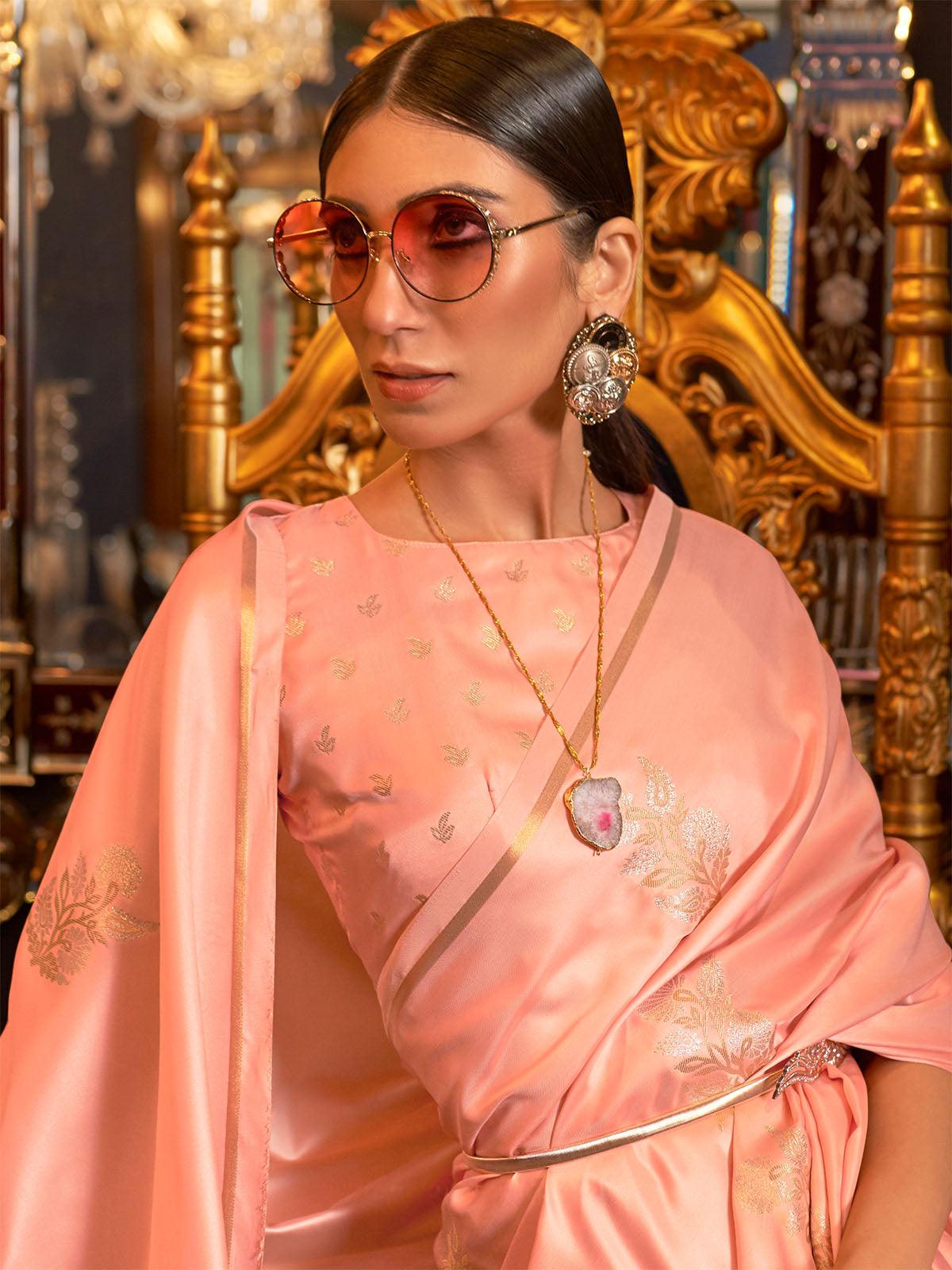 Women's Pure Silk Peach Woven Design Woven Saree With Blouse Piece - Odette
