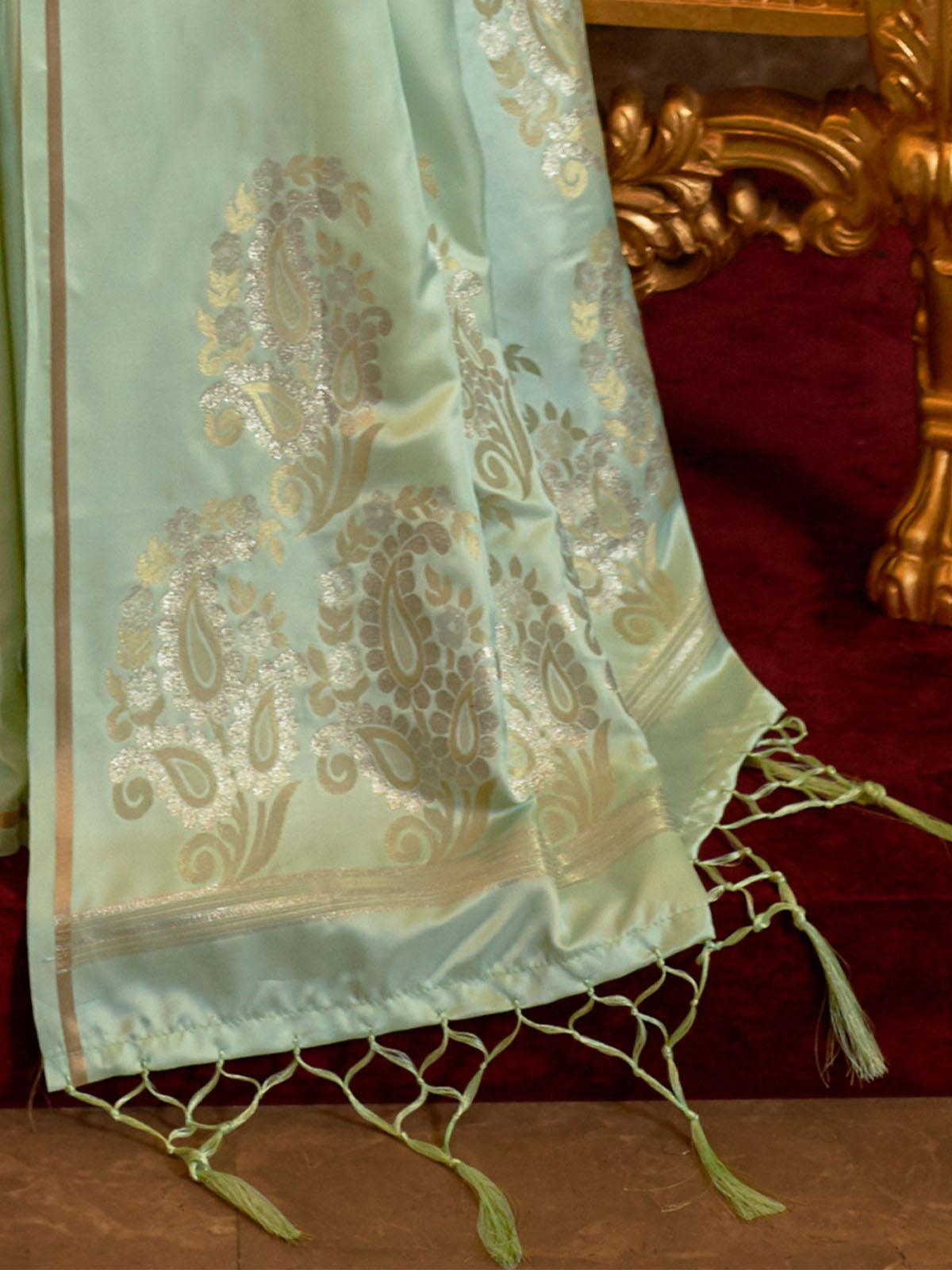 Women's Pure Silk Sea Green Woven Design Woven Saree With Blouse Piece - Odette