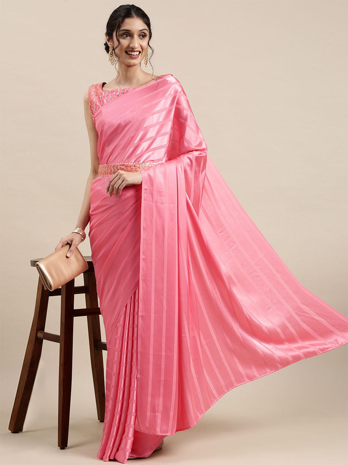 Women's Satin Pink Solid Belted Saree With Blouse Piece - Odette