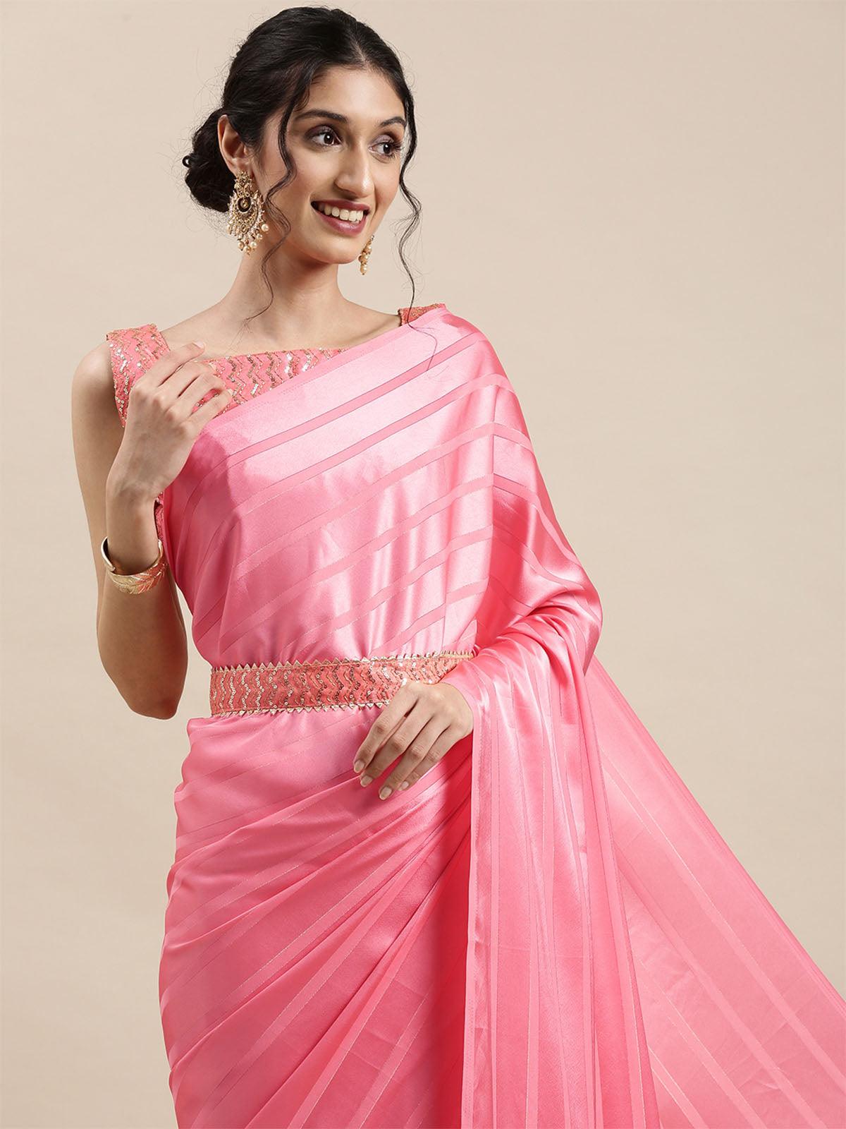 Women's Satin Pink Solid Belted Saree With Blouse Piece - Odette
