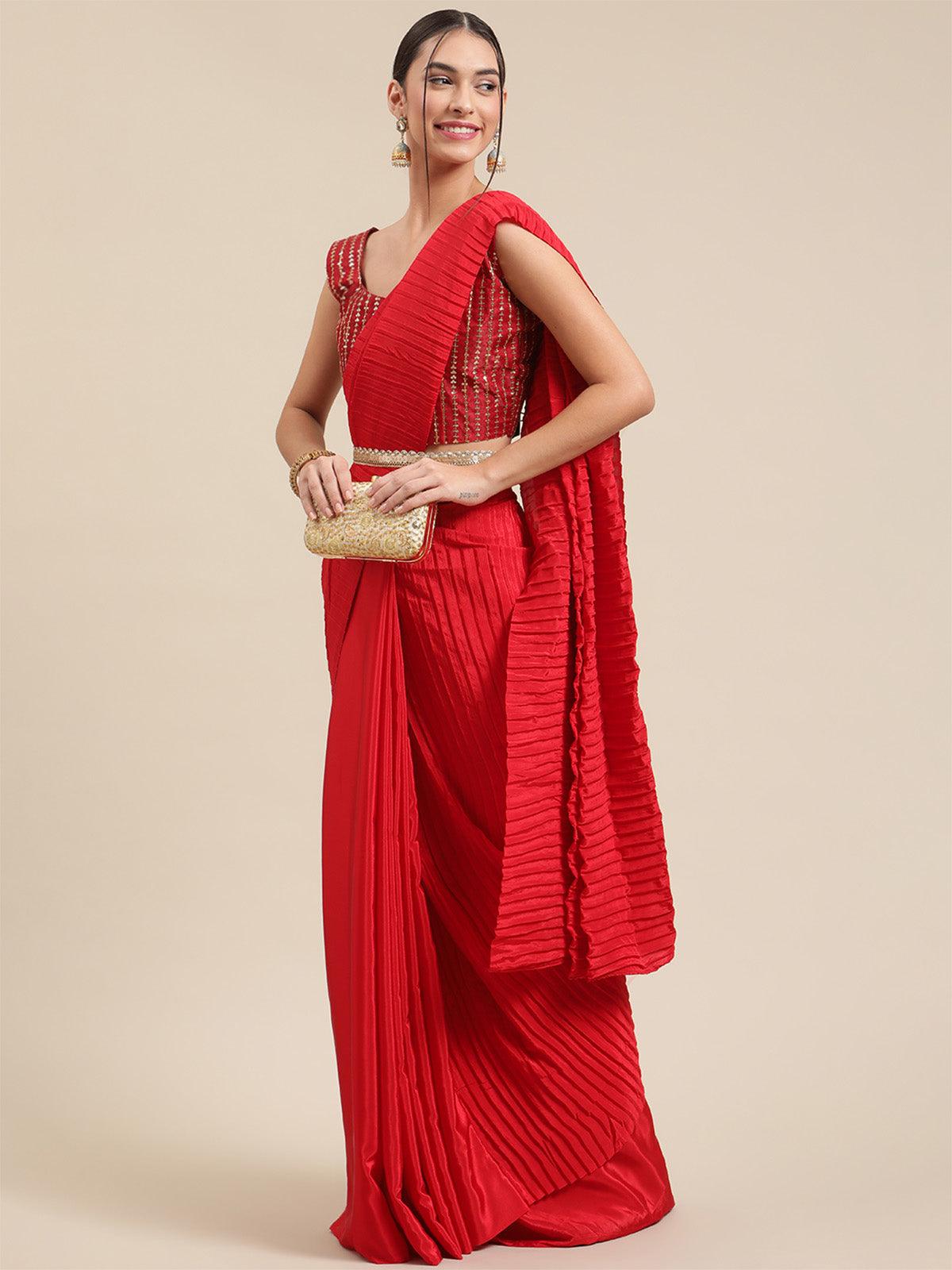 Women's Satin Red Solid Belted Saree With Blouse Piece - Odette