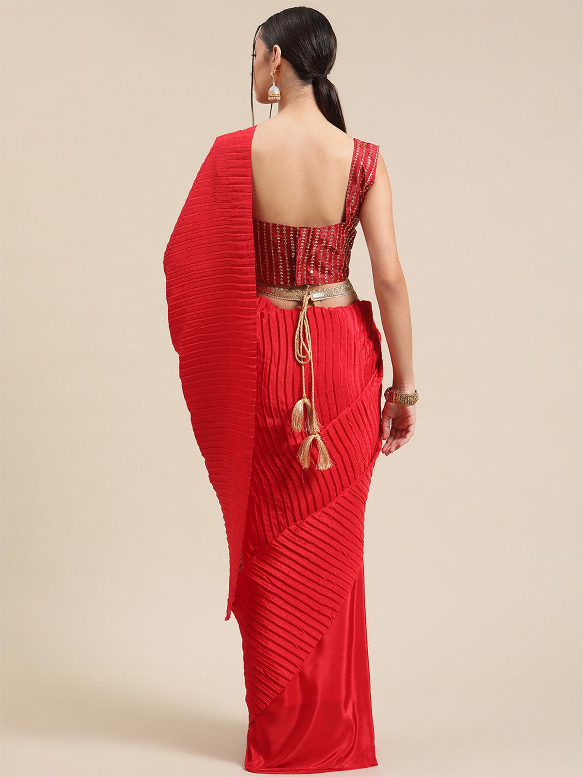 Women's Satin Red Solid Belted Saree With Blouse Piece - Odette