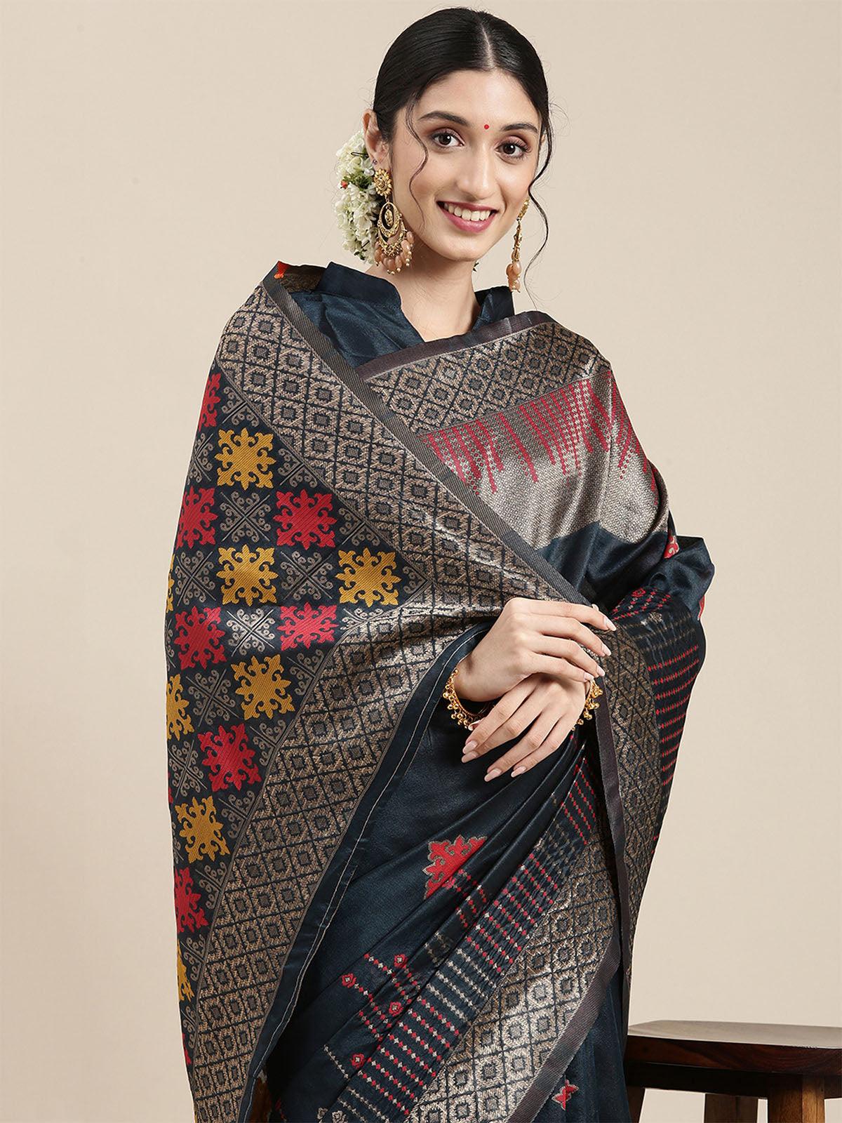 Women's Silk Blend Black Woven Design Designer Saree With Blouse Piece - Odette