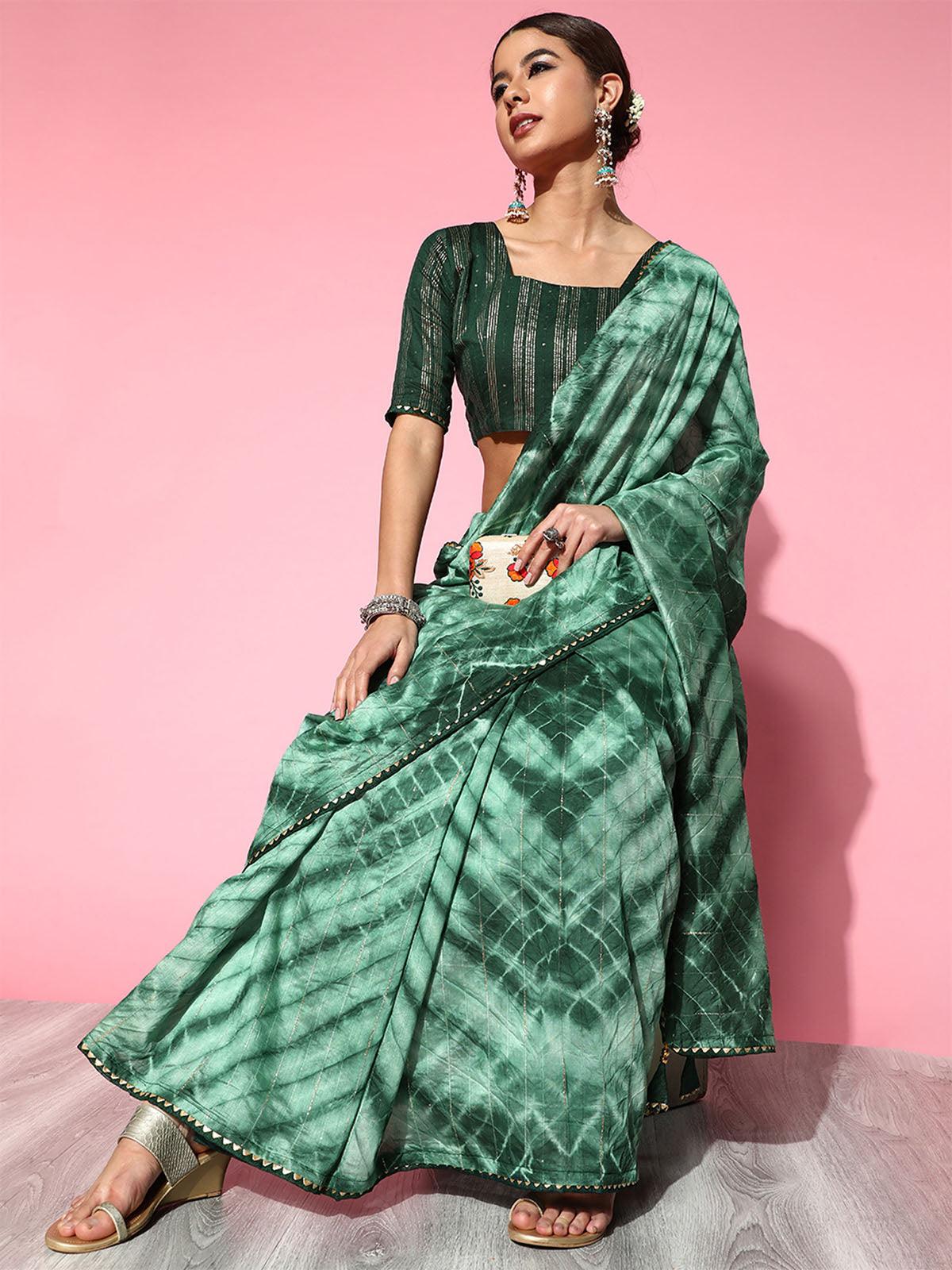 Women's Silk Blend Green Embroidered Designer Saree With Blouse Piece - Odette
