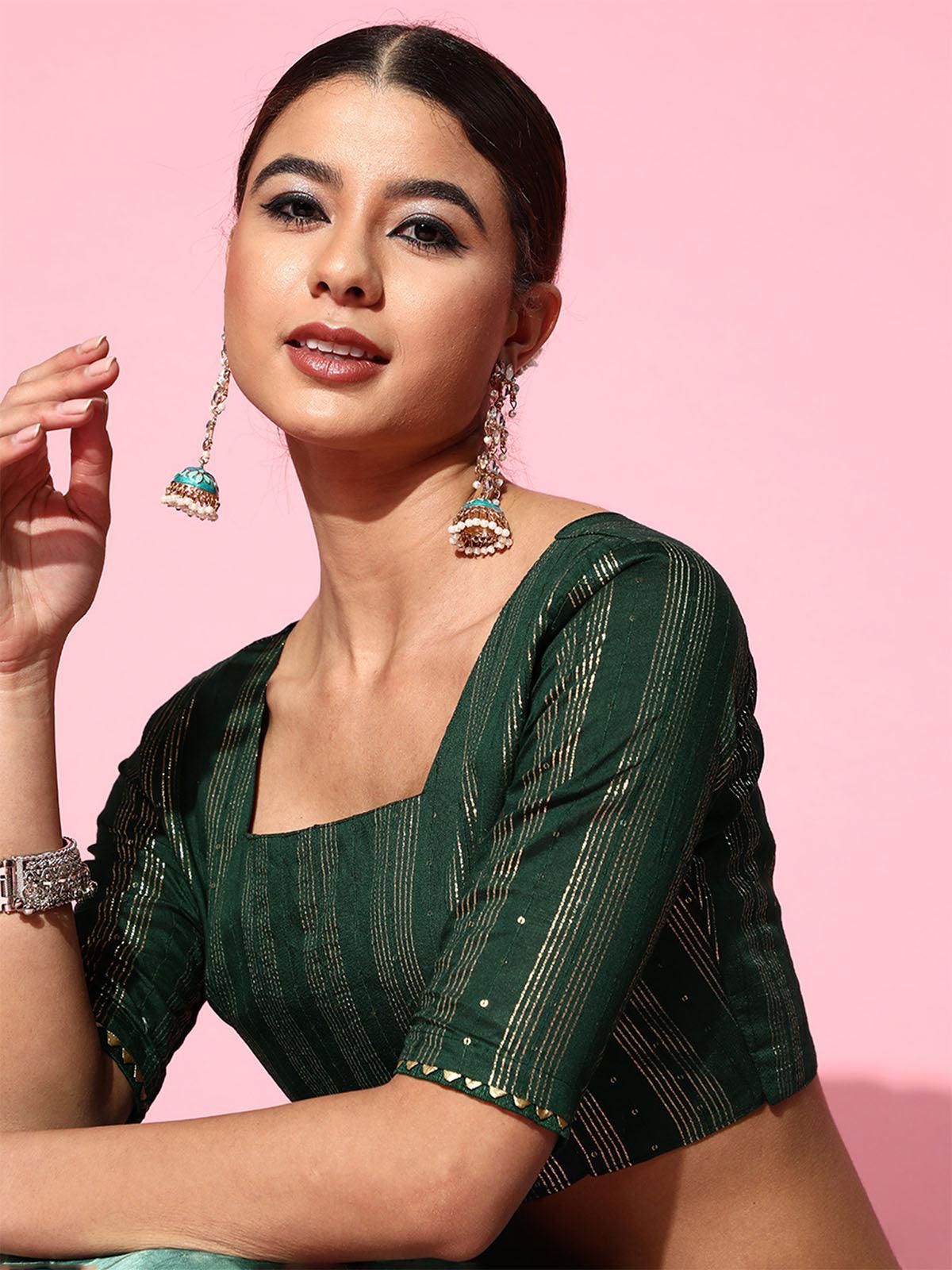 Women's Silk Blend Green Embroidered Designer Saree With Blouse Piece - Odette