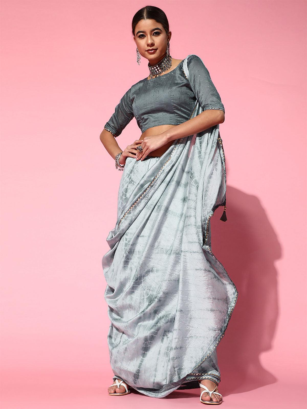 Women's Silk Blend Grey Embroidered Designer Saree With Blouse Piece - Odette
