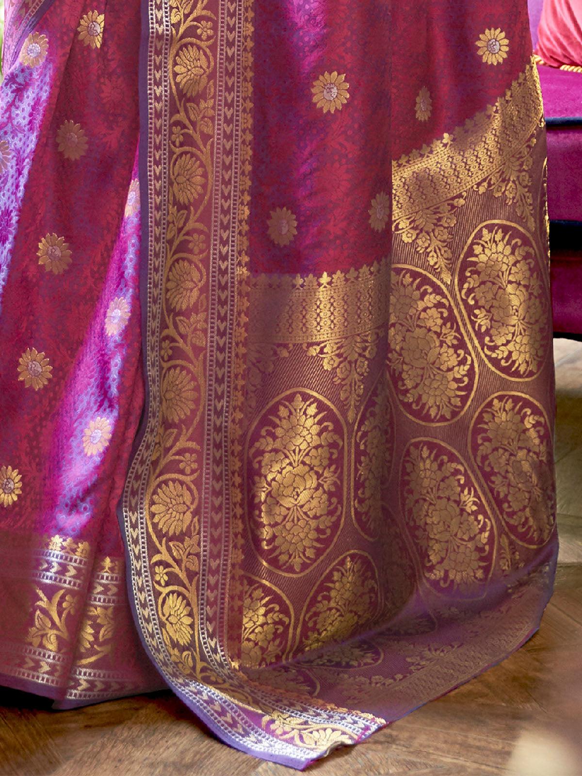 Women's Silk Blend Magenta Woven Design Handloom Saree With Blouse Piece - Odette