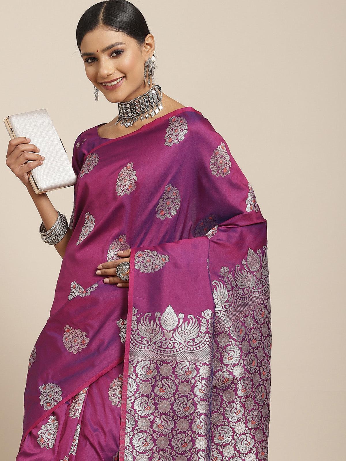 Women's Silk Blend Magenta Woven Design Woven Saree With Blouse Piece - Odette