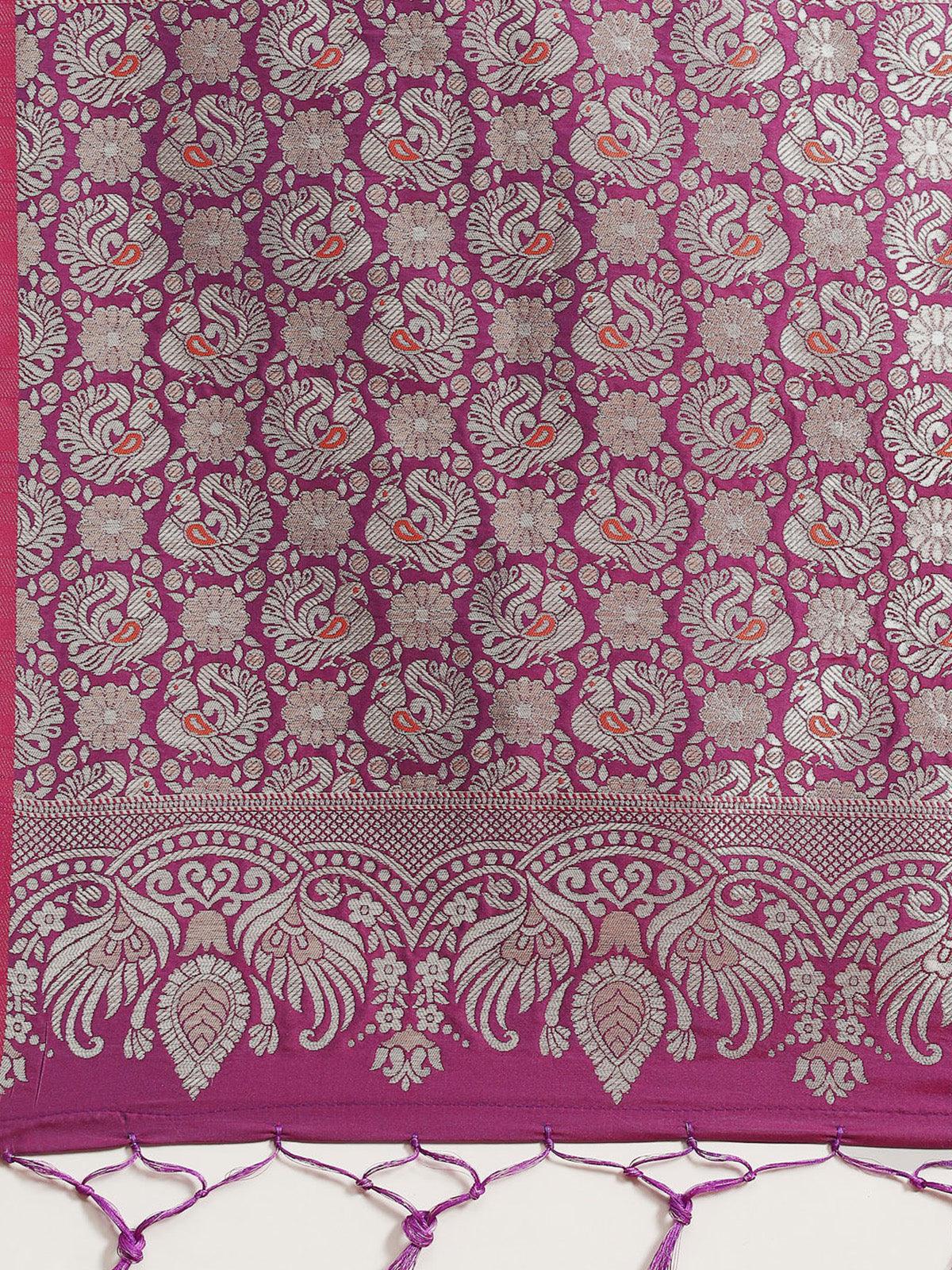 Women's Silk Blend Magenta Woven Design Woven Saree With Blouse Piece - Odette