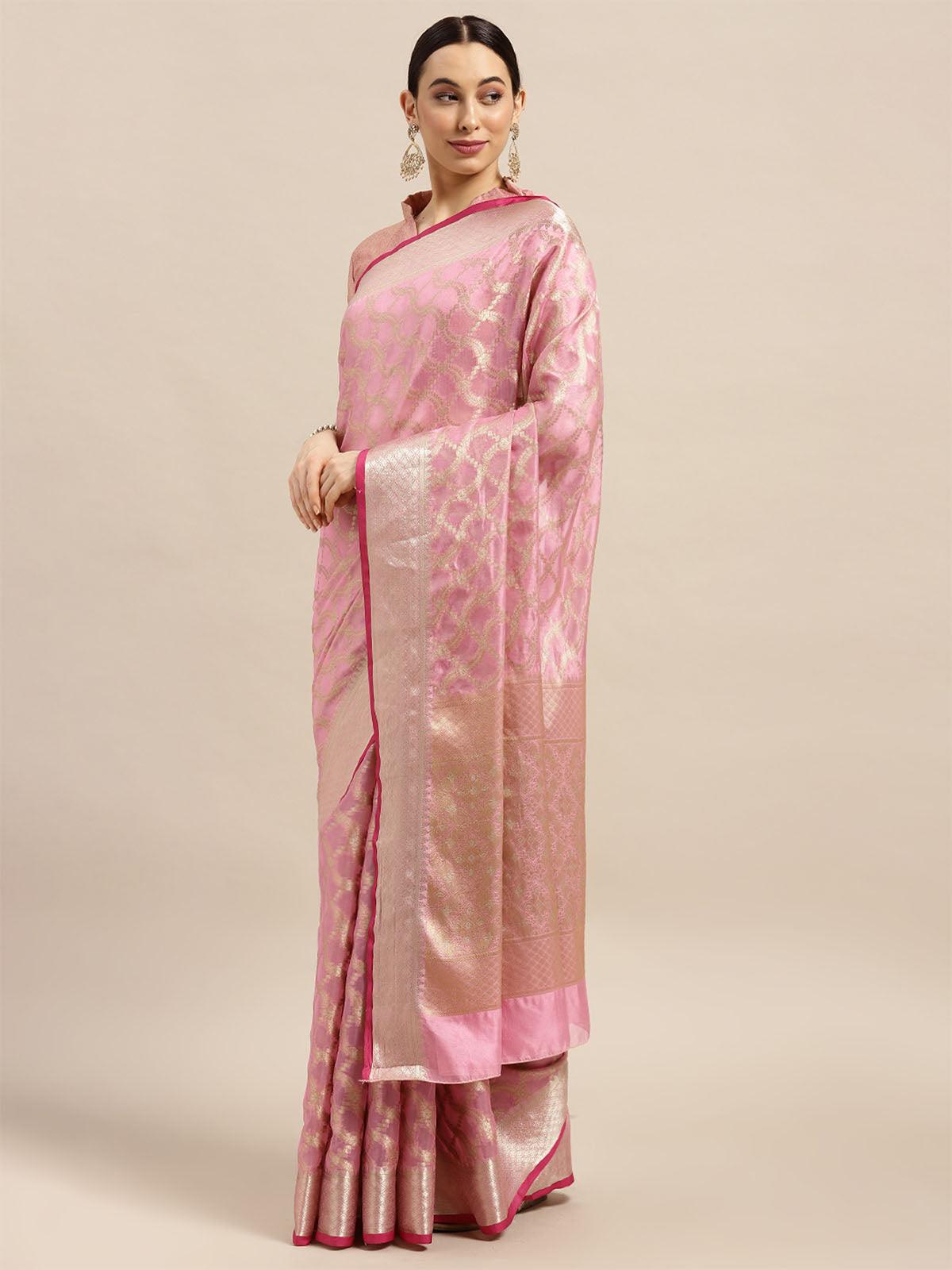 Women's Silk Blend Pink Woven Design Designer Saree With Blouse Piece - Odette