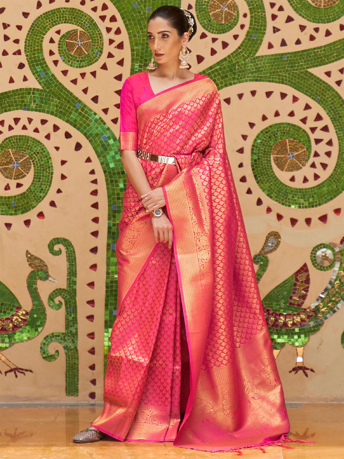 Women's Silk Blend Pink Woven Design Handloom Saree With Blouse Piece - Odette