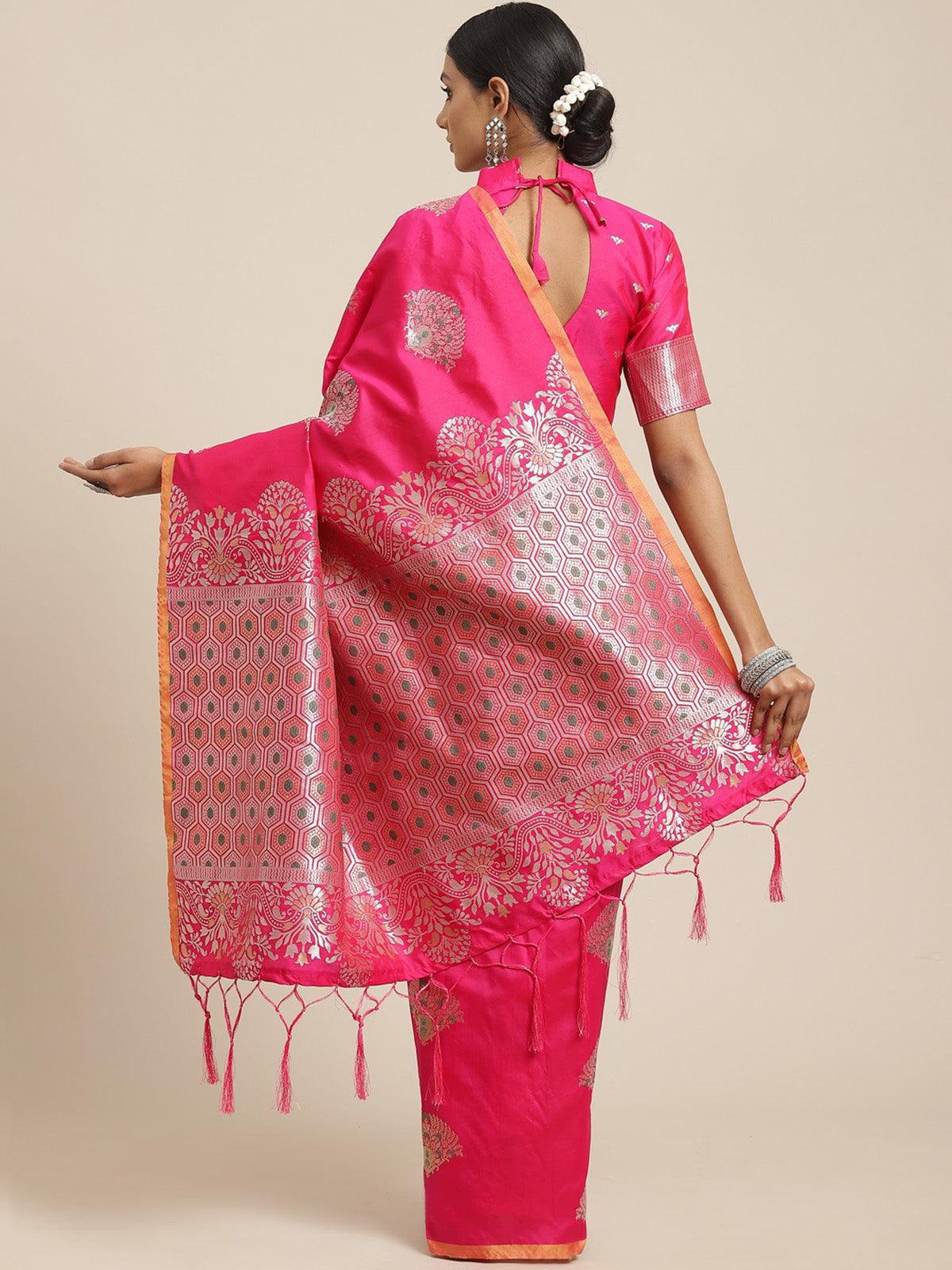 Women's Silk Blend Pink Woven Design Woven Saree With Blouse Piece - Odette