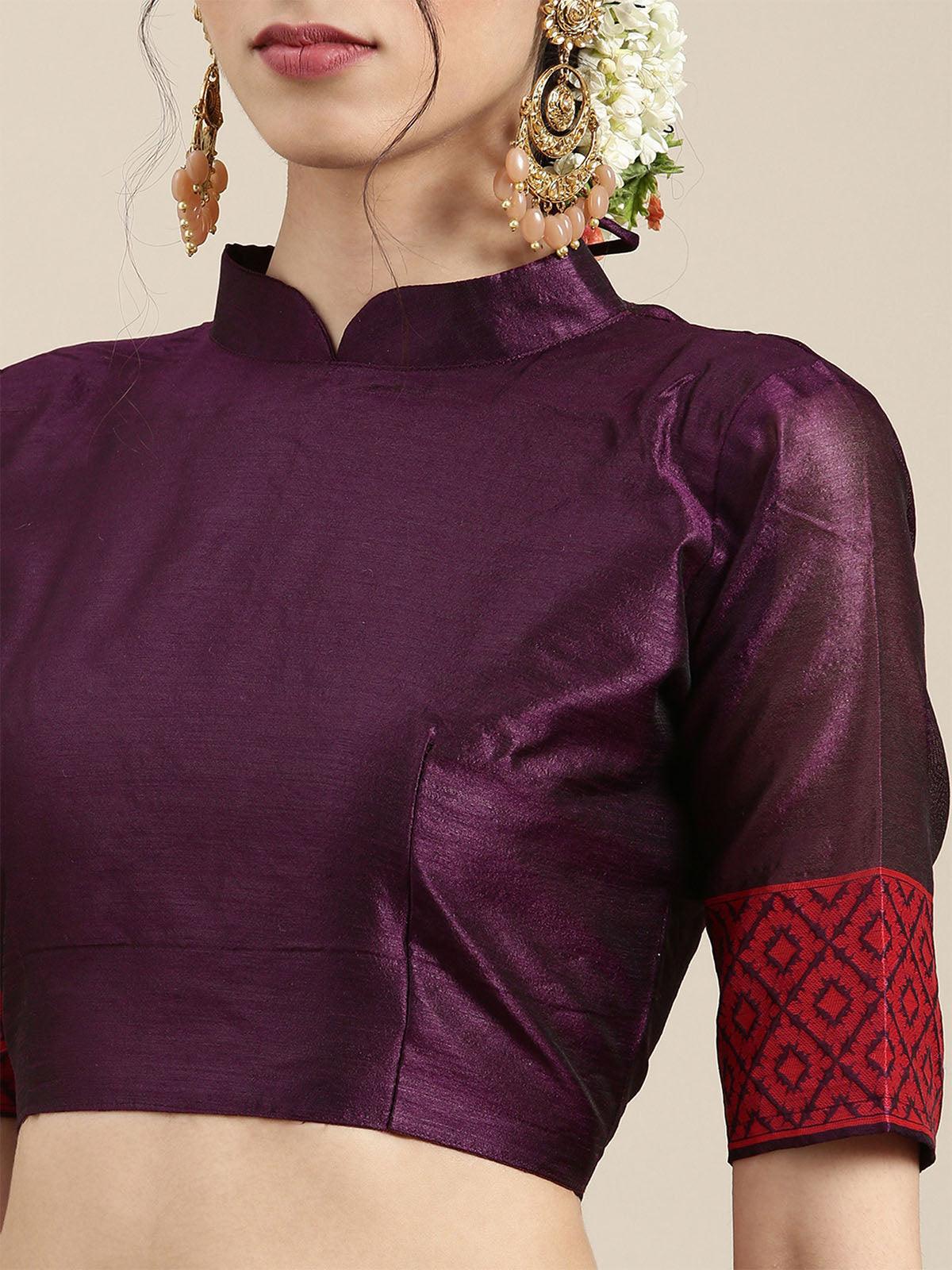 Women's Silk Blend Purple Woven Design Designer Saree With Blouse Piece - Odette