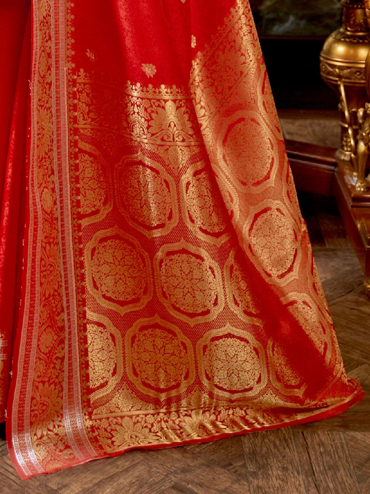 Women's Silk Blend Red Woven Design Handloom Saree With Blouse Piece - Odette