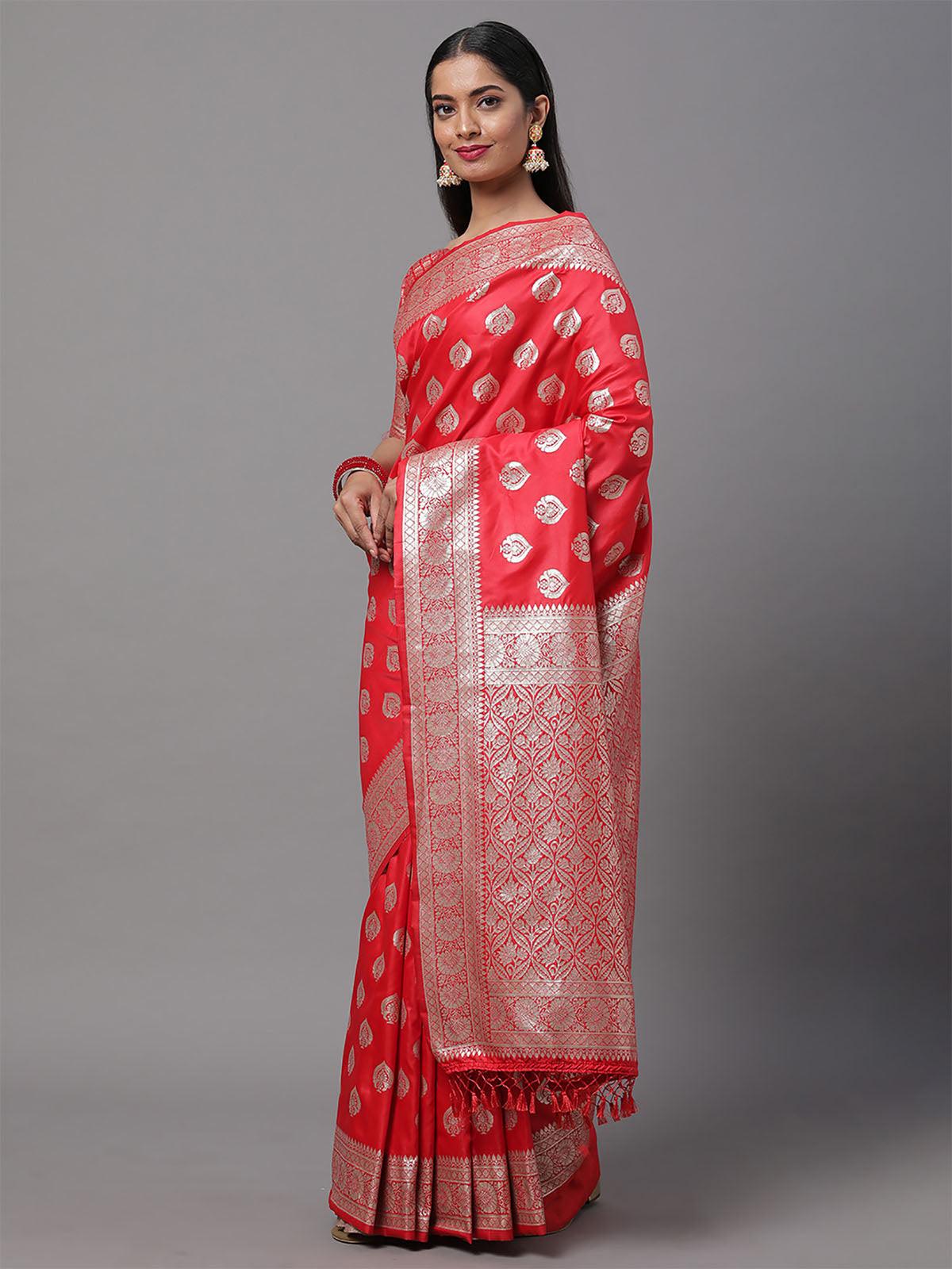 Women's Silk Blend Red Woven Design Woven Saree With Blouse Piece - Odette