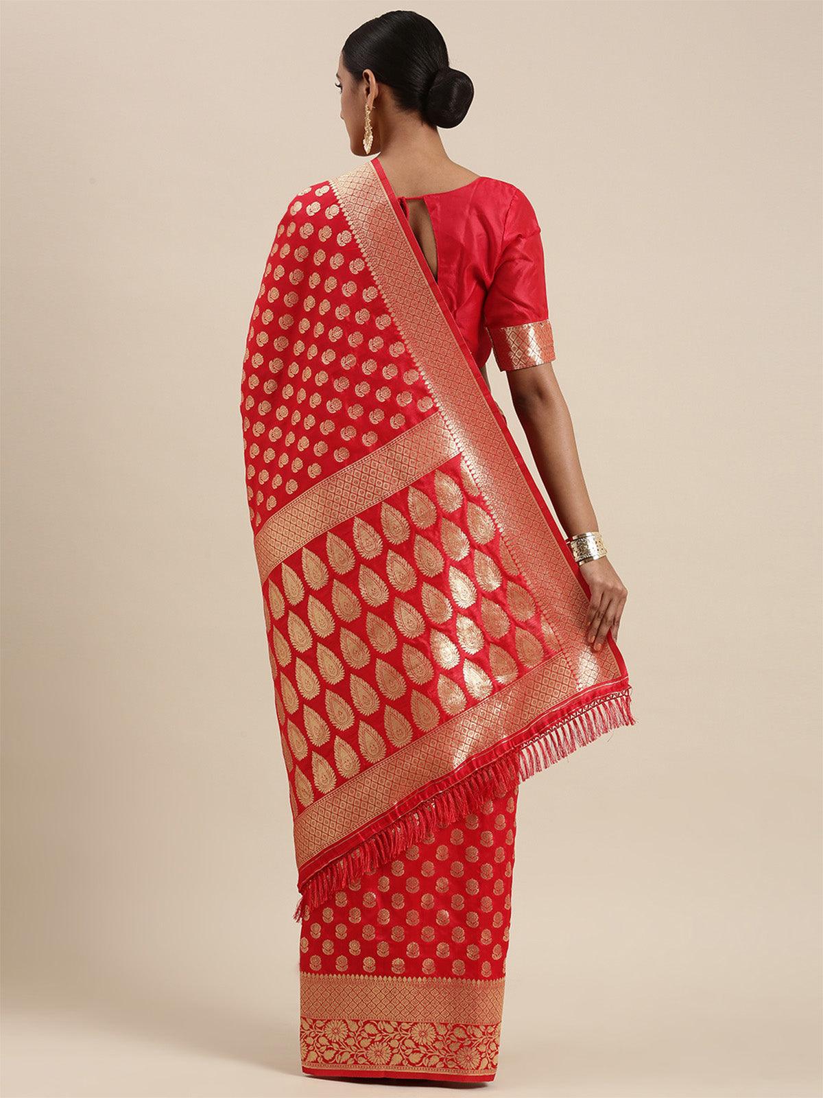Women's Silk Blend Red Woven Design Woven Saree With Blouse Piece - Odette