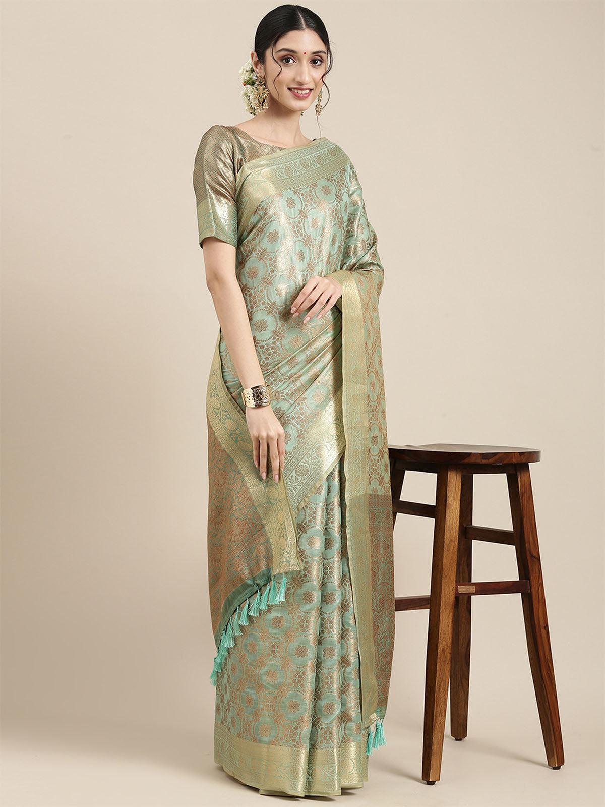 Women's Silk Blend Sea Green Woven Design Woven Saree With Blouse Piece - Odette