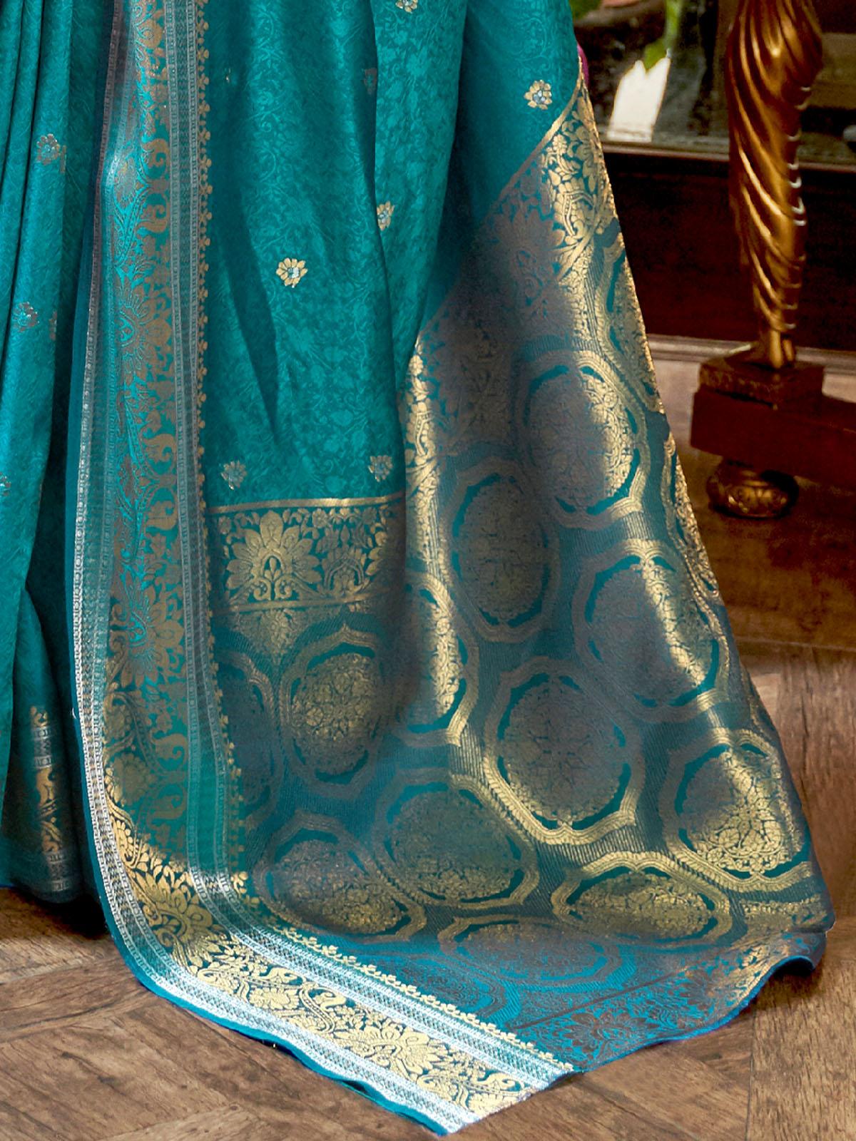 Women's Silk Blend Teal Blue Woven Design Handloom Saree With Blouse Piece - Odette