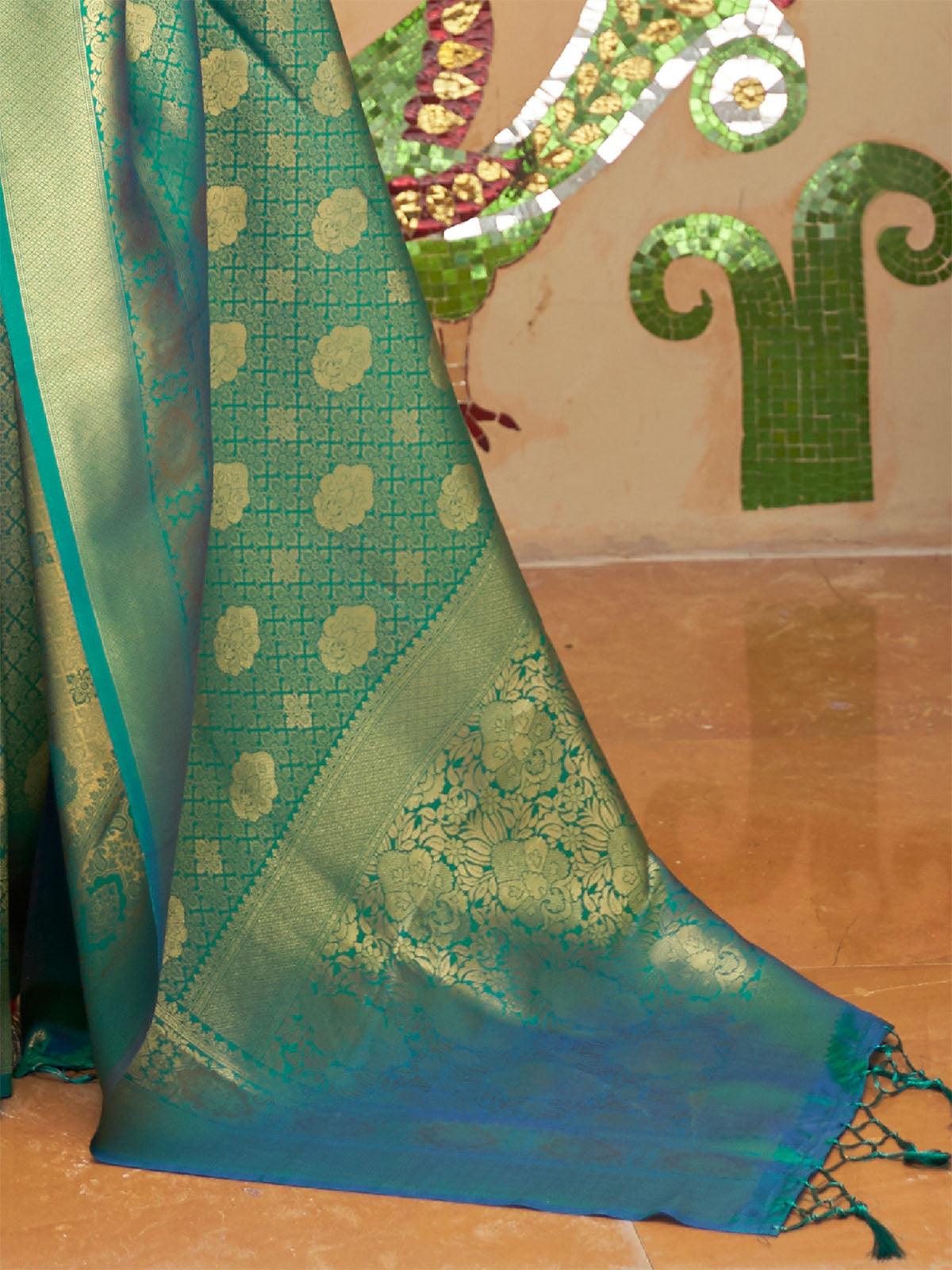 Women's Silk Blend Teal Green Woven Design Handloom Saree With Blouse Piece - Odette