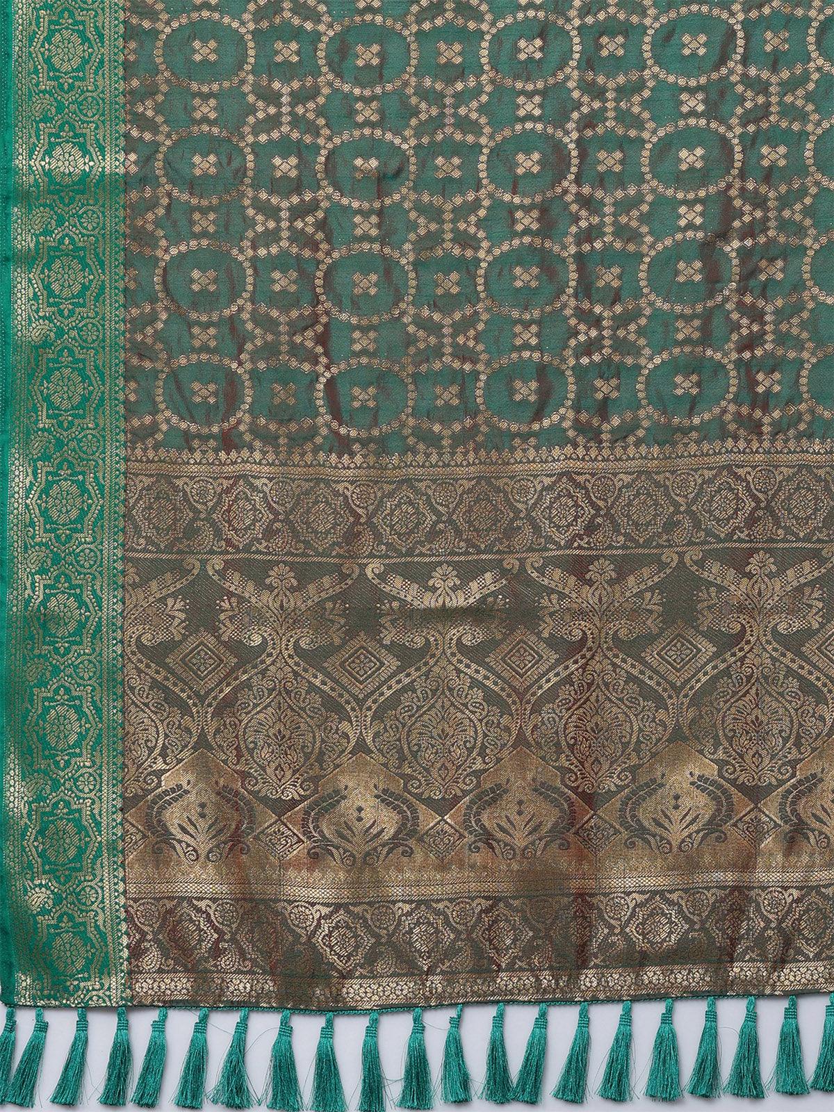 Women's Silk Blend Teal Green Woven Design Woven Saree With Blouse Piece - Odette