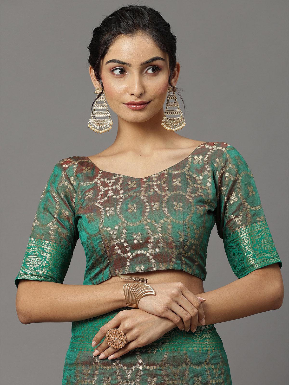 Women's Silk Blend Teal Green Woven Design Woven Saree With Blouse Piece - Odette