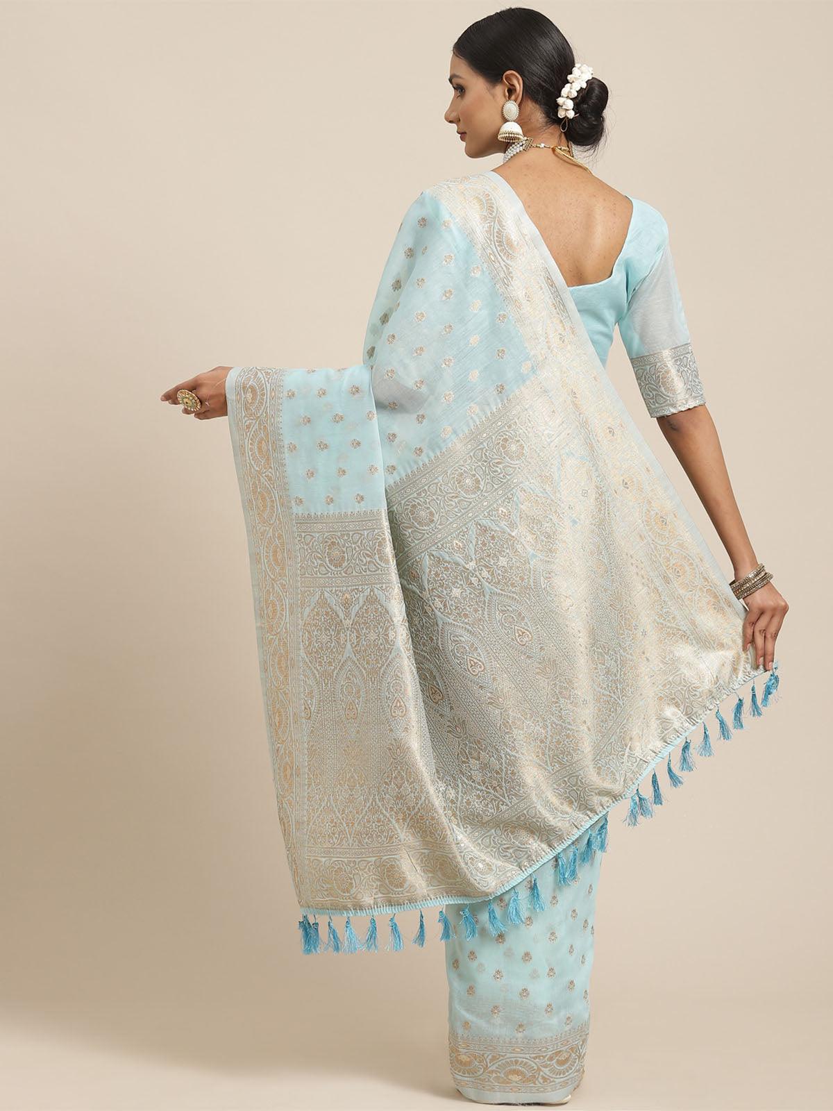 Women's Silk Cotton Blue Woven Design Woven Saree With Blouse Piece - Odette