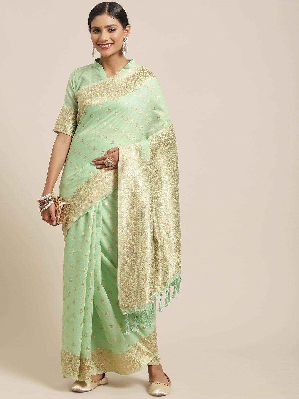 Women's Silk Cotton Green Woven Design Woven Saree With Blouse Piece - Odette