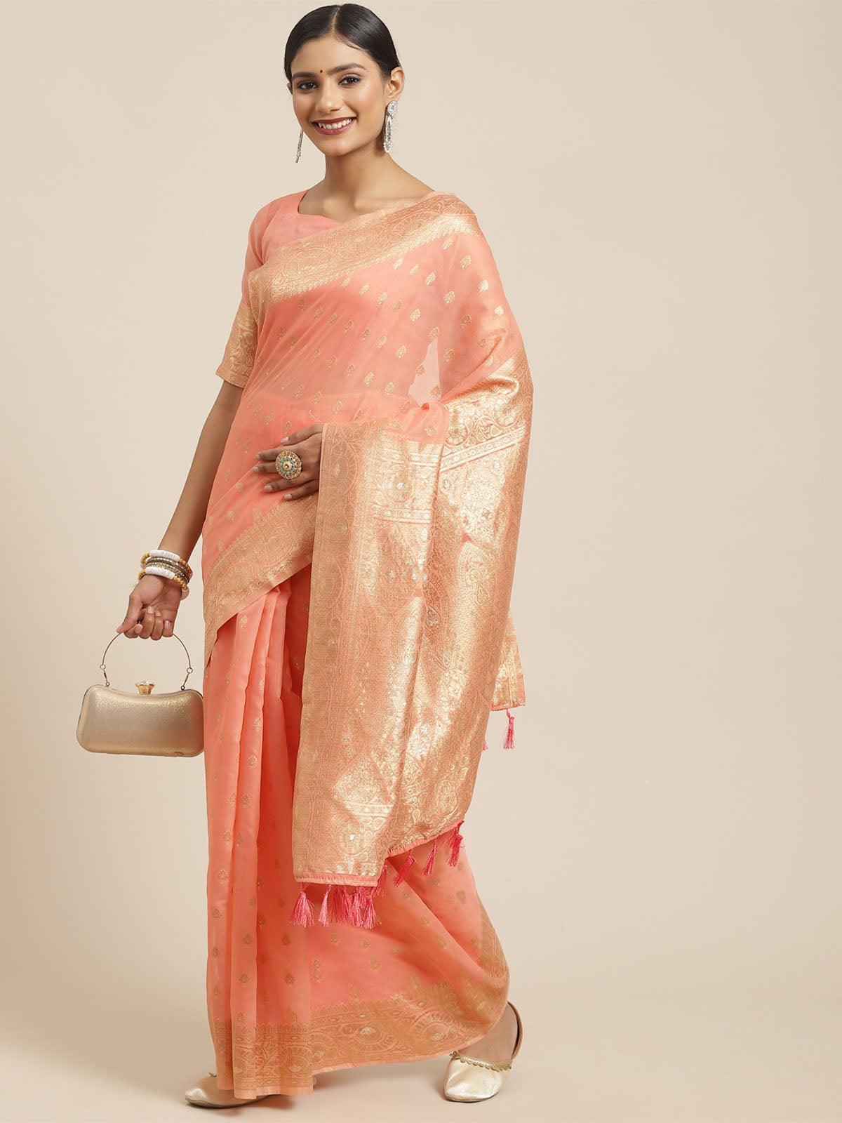 Women's Silk Cotton Peach Woven Design Woven Saree With Blouse Piece - Odette