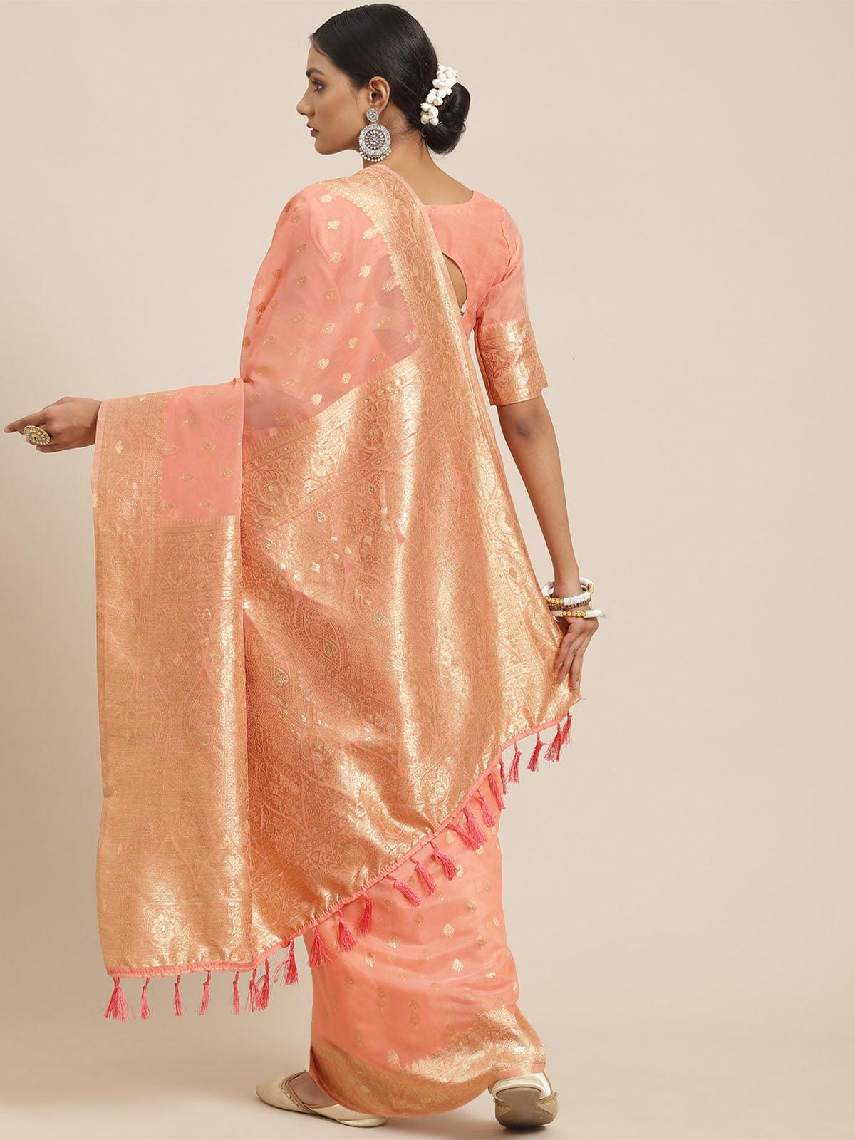 Women's Silk Cotton Peach Woven Design Woven Saree With Blouse Piece - Odette