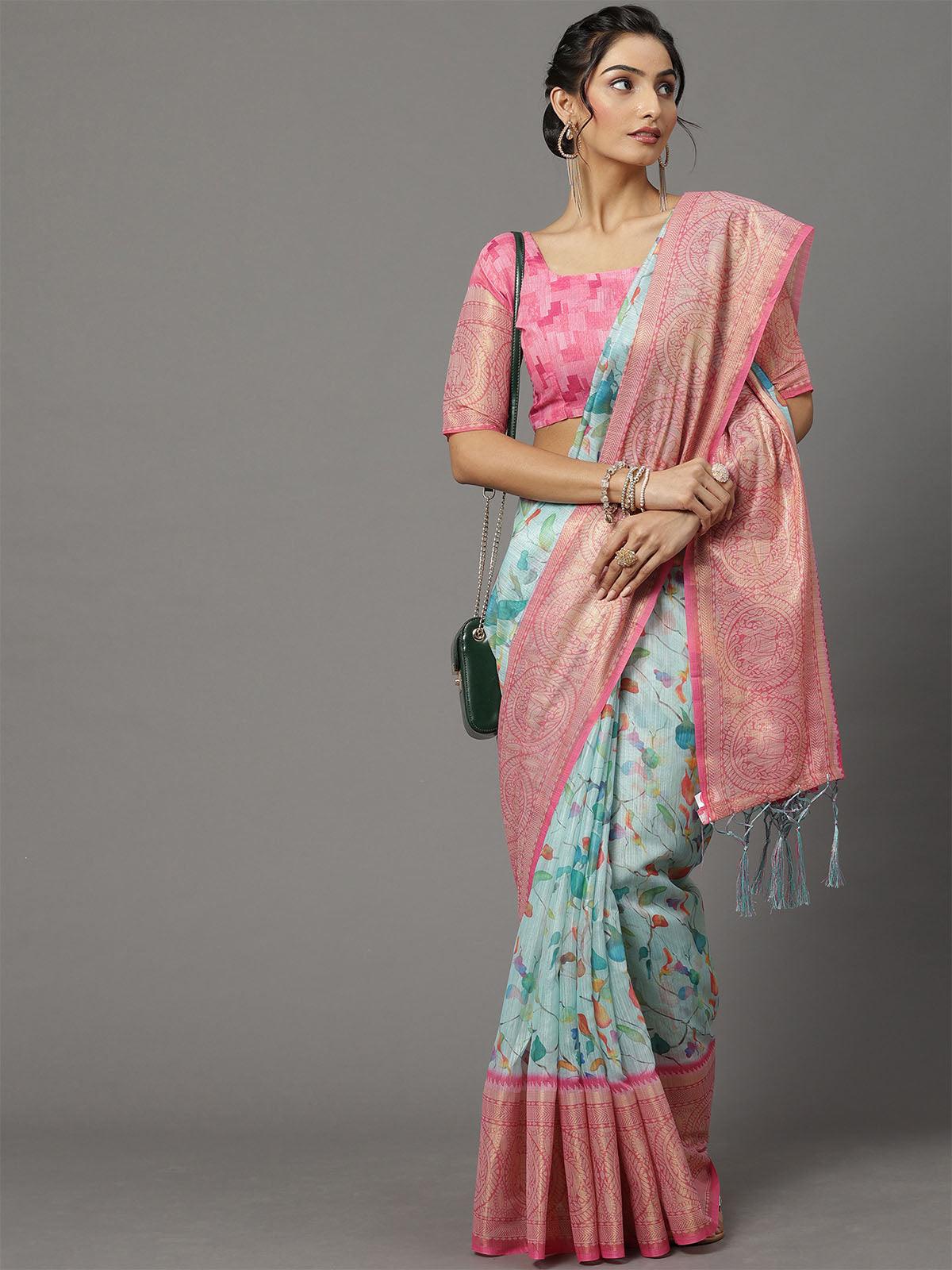 Women's Soft Silk Blue Printed Designer Saree With Blouse Piece - Odette