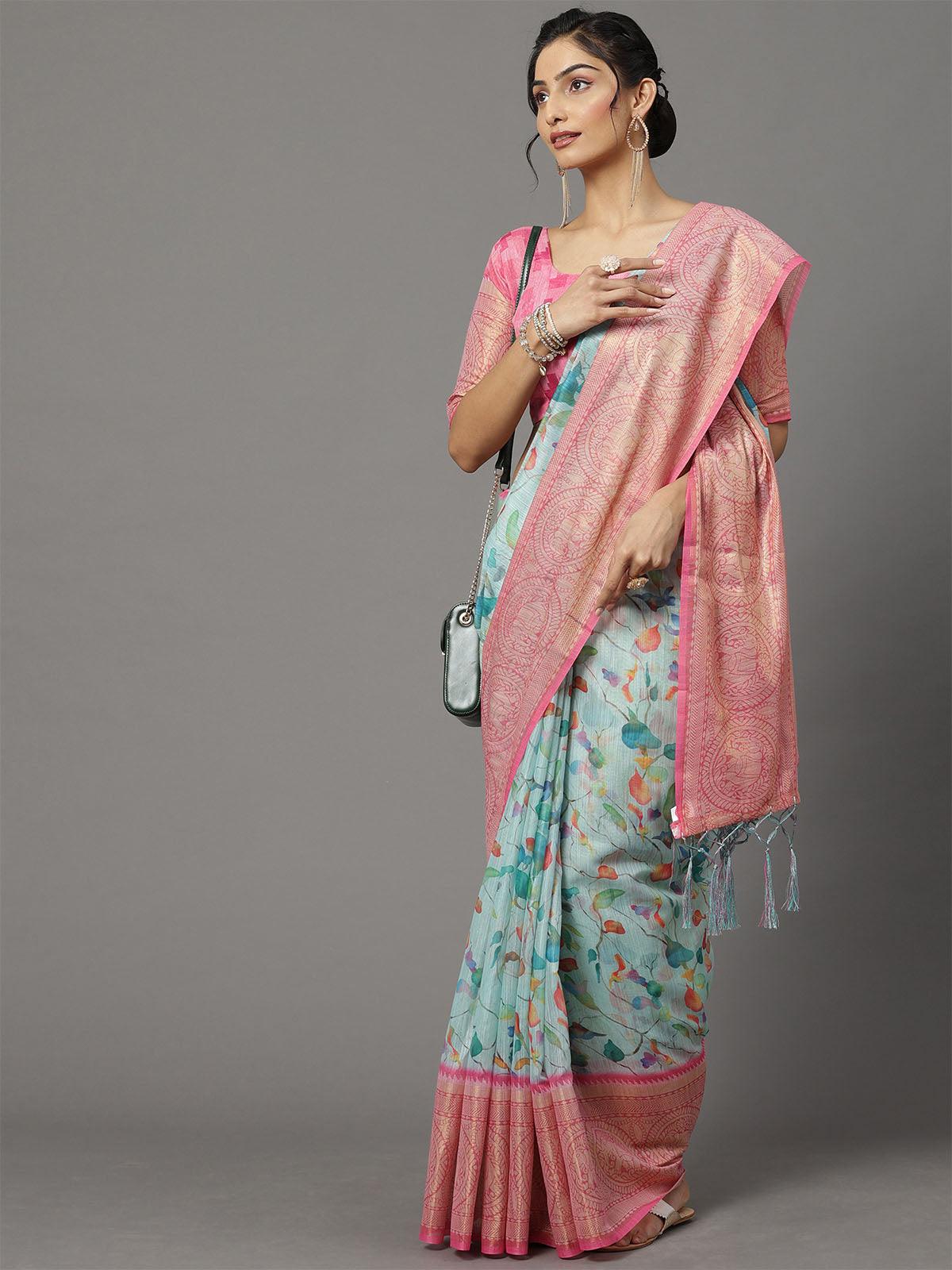 Women's Soft Silk Blue Printed Designer Saree With Blouse Piece - Odette
