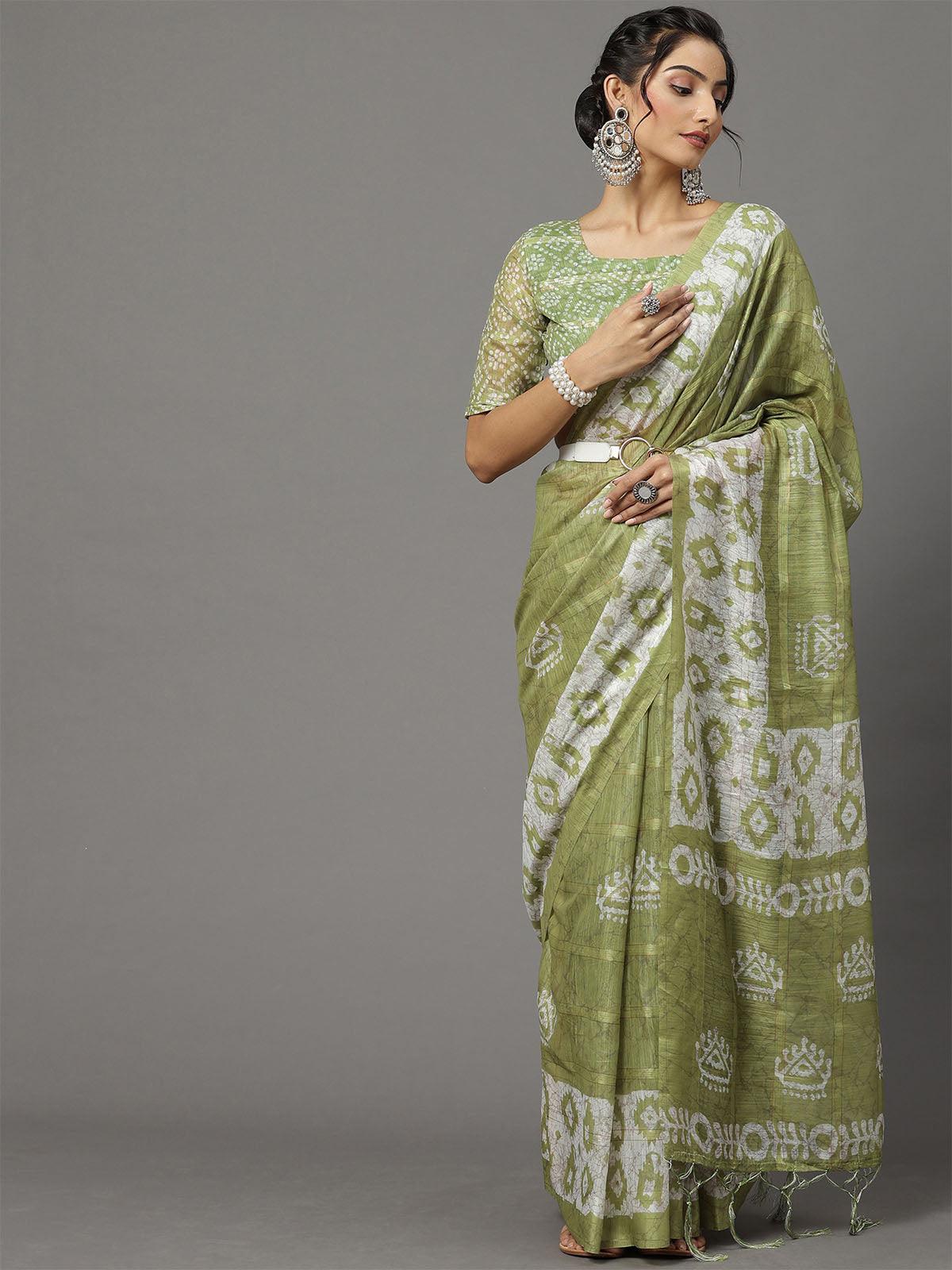 Women's Soft Silk Olive Printed Designer Saree With Blouse Piece - Odette