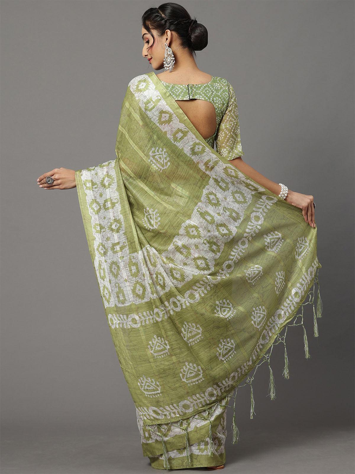 Women's Soft Silk Olive Printed Designer Saree With Blouse Piece - Odette
