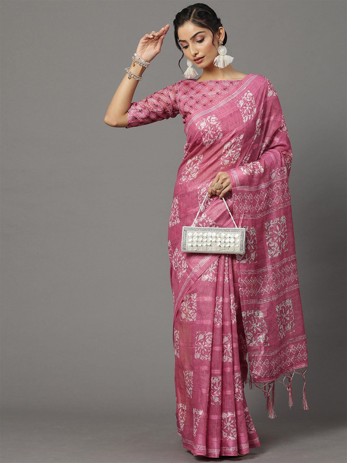 Women's Soft Silk Pink Printed Designer Saree With Blouse Piece - Odette