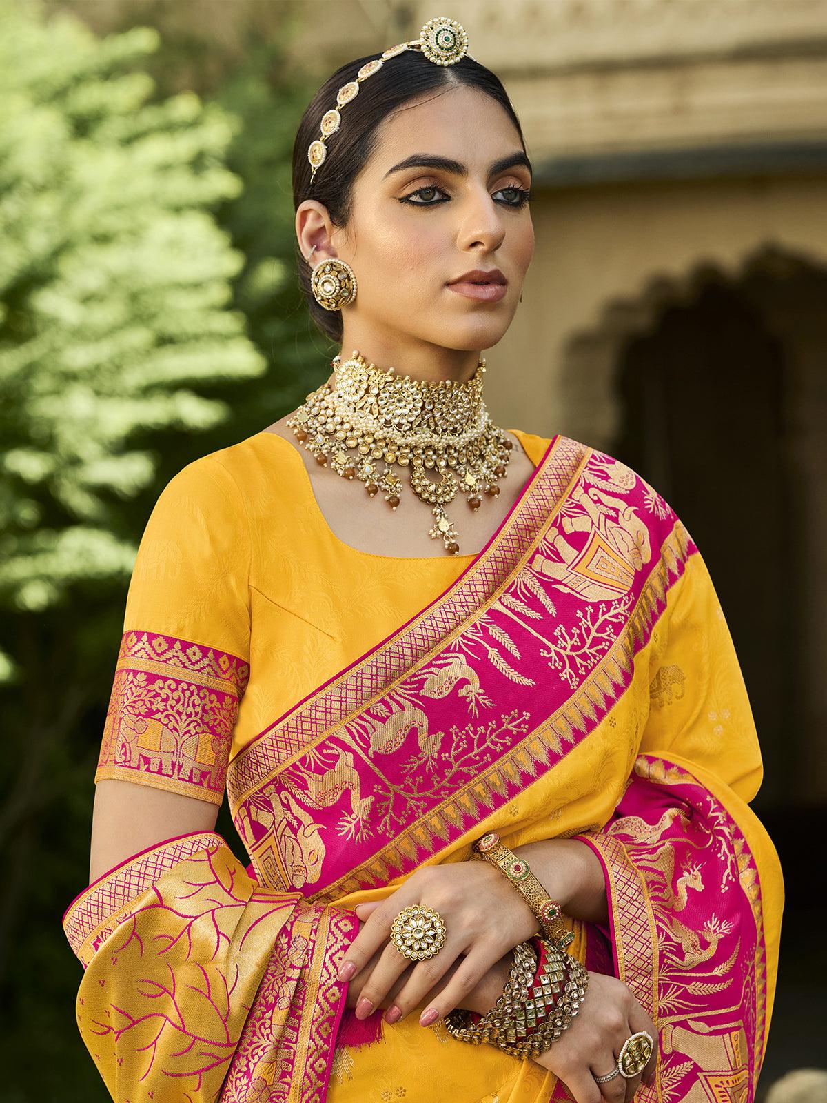 Women's Yellow Jacquard Woven Design Saree With Blouse Piece - Odette