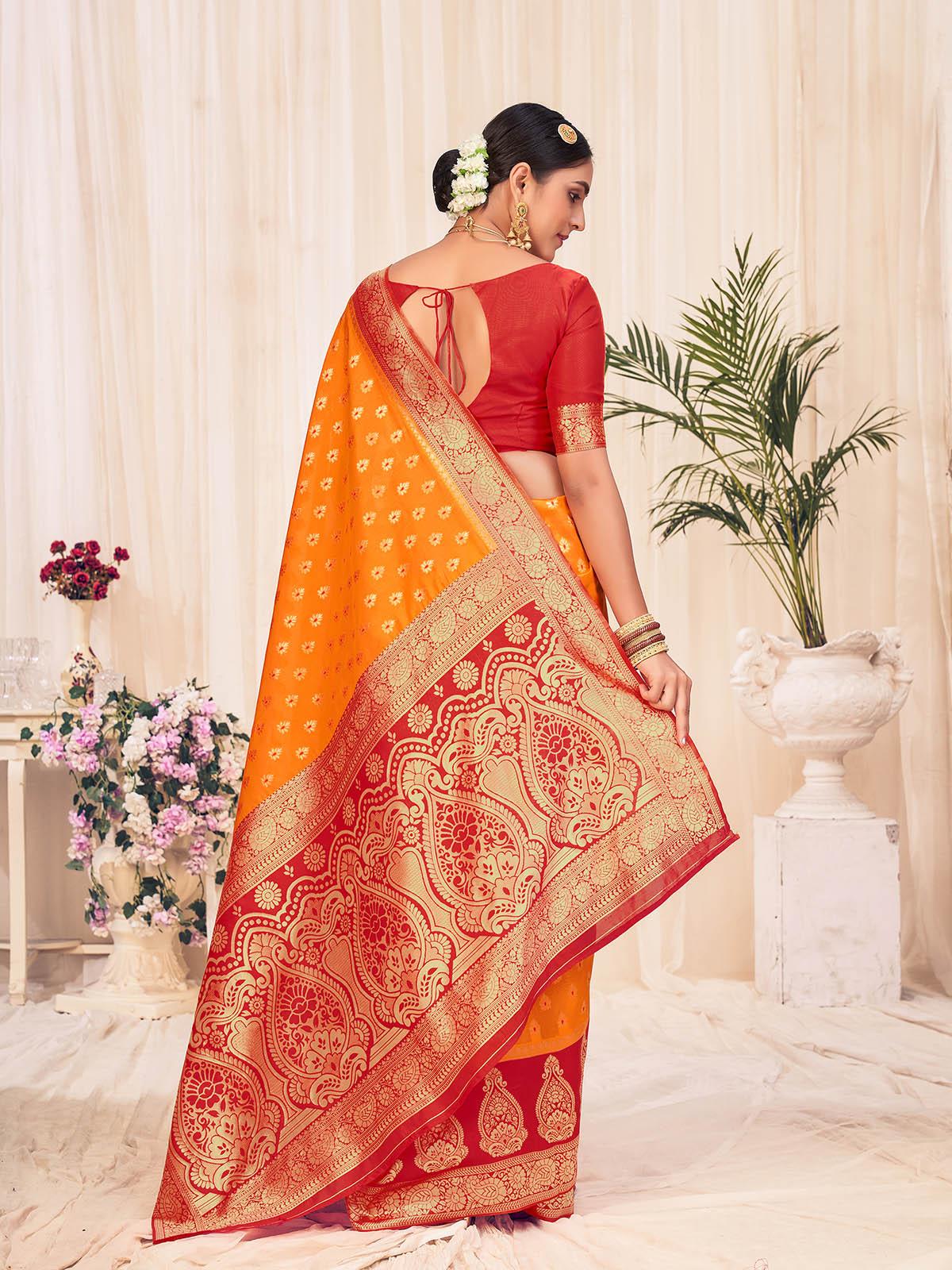 Women's Woven Orange Colored Banarasi Silk Saree - Odette