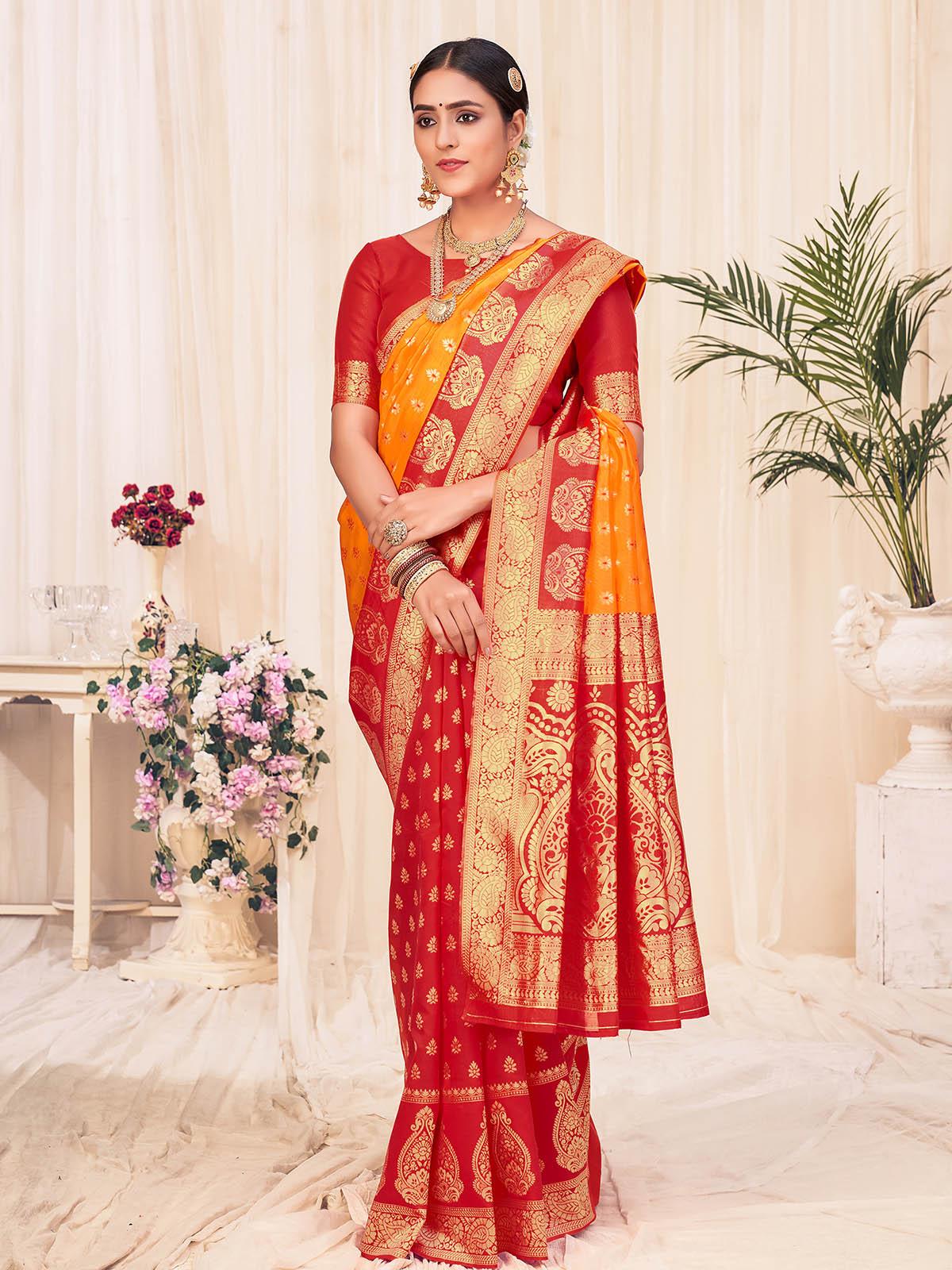 Women's Woven Orange Colored Banarasi Silk Saree - Odette