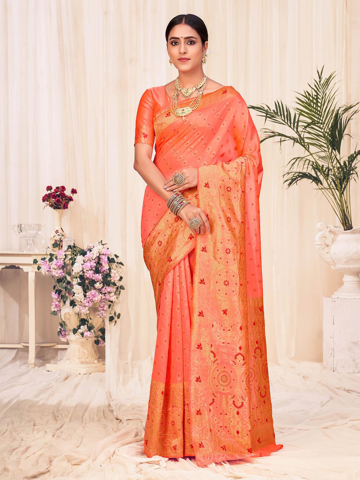 Women's Woven Peach Colored Banarasi Silk Saree - Odette