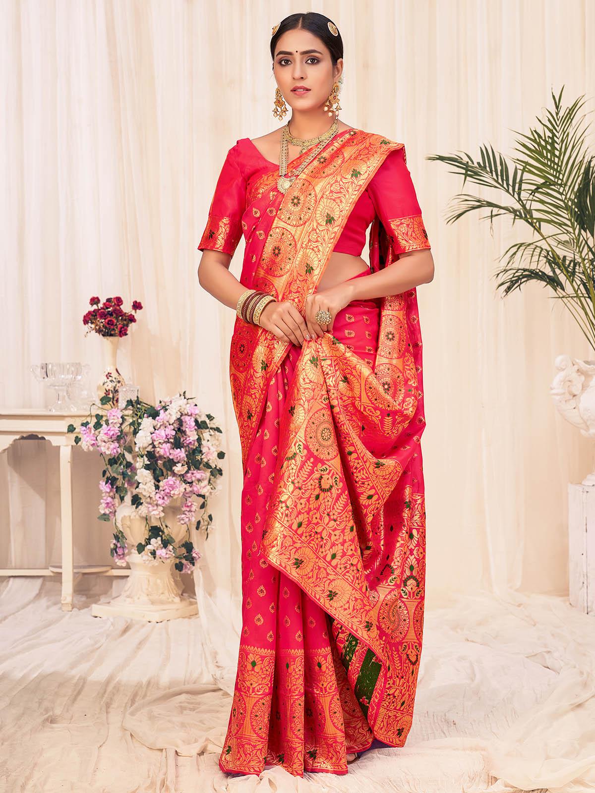 Women's Woven Pink Banarasi Silk Saree - Odette