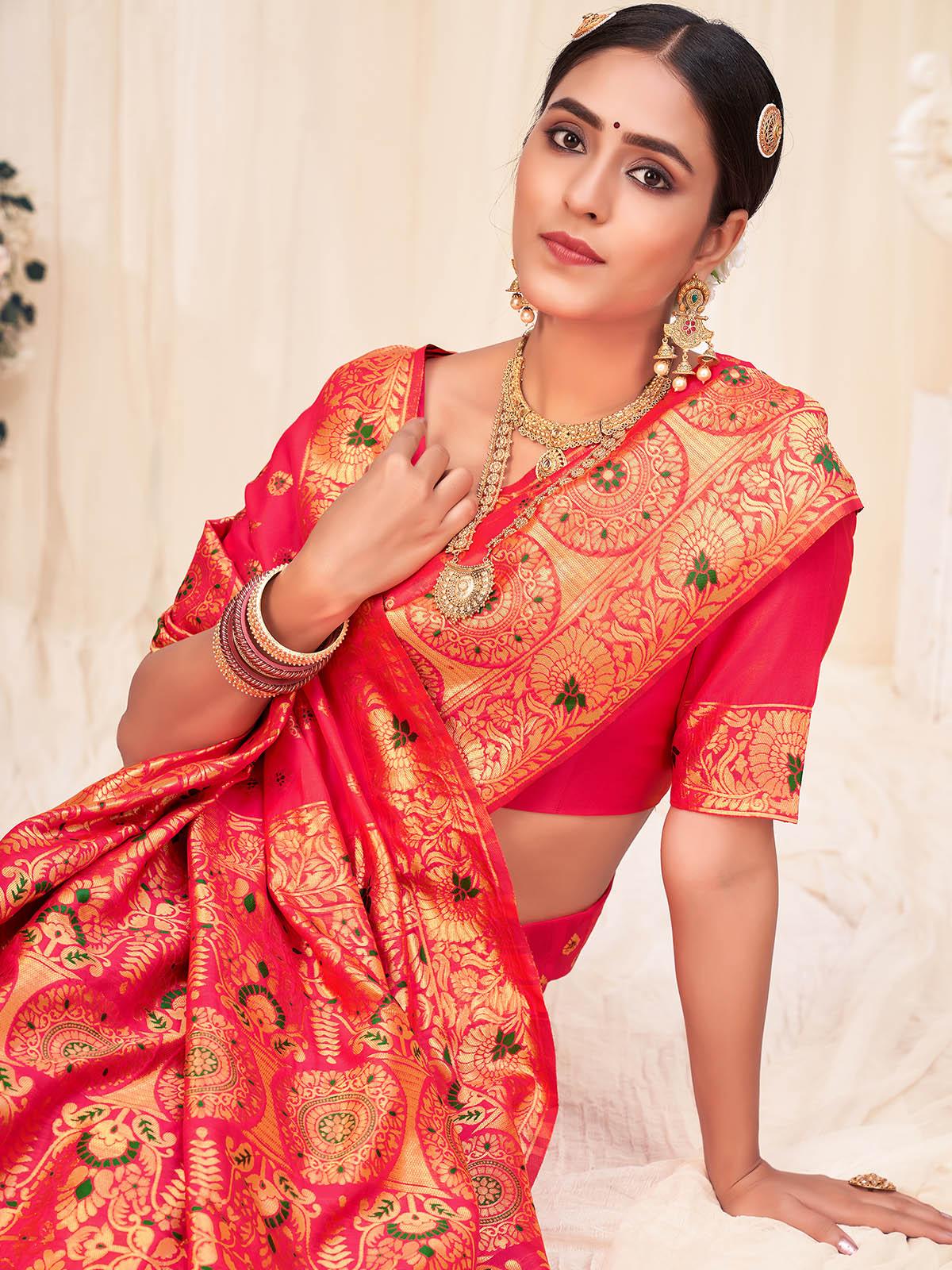 Women's Woven Pink Banarasi Silk Saree - Odette