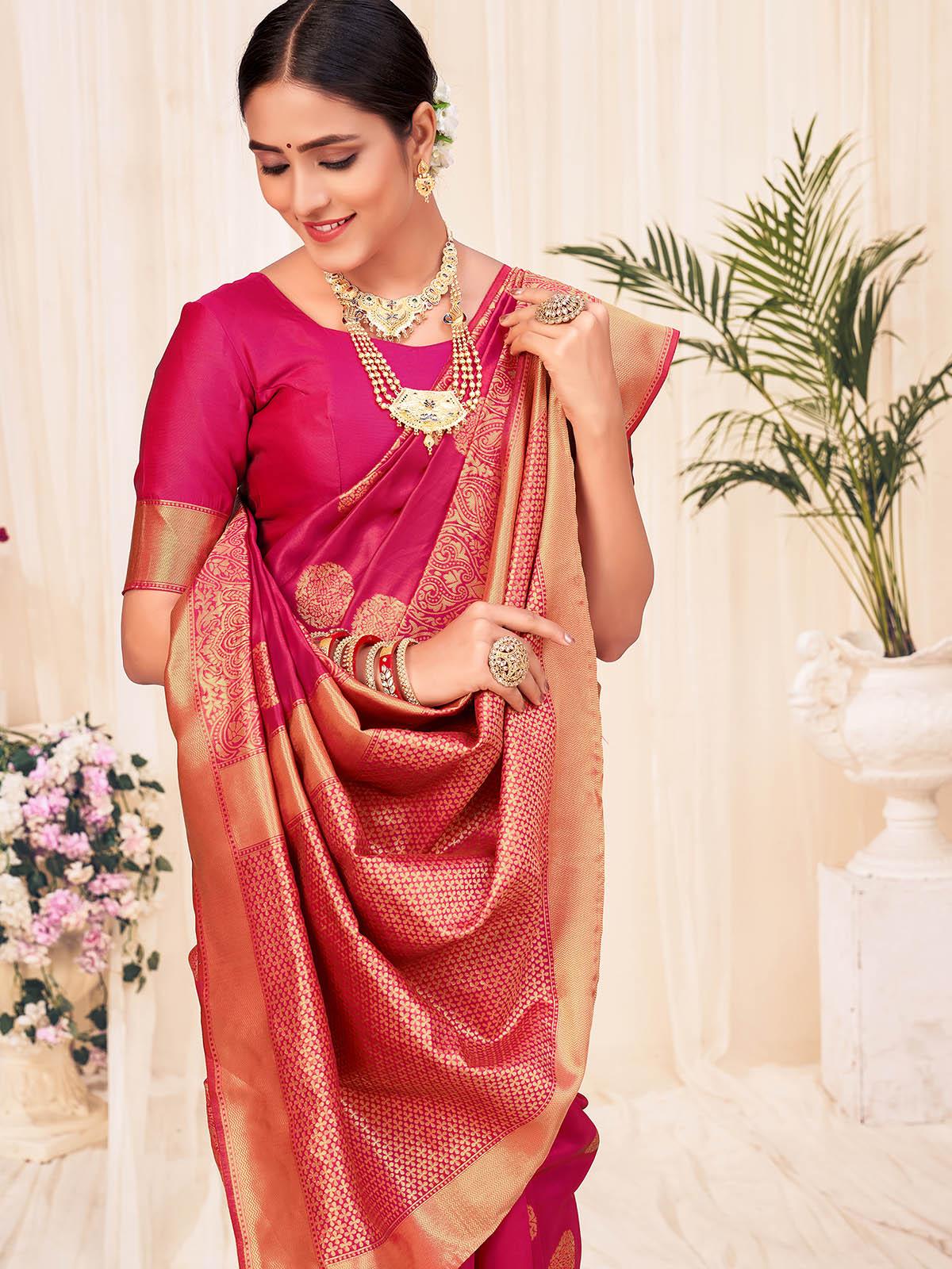 Women's Woven Red Colored Banarasi Silk Saree - Odette